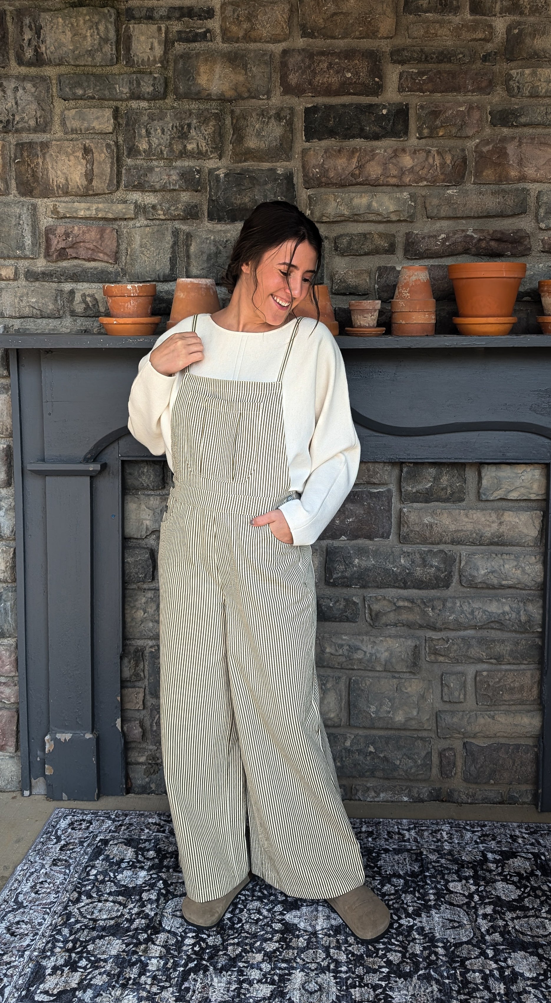'Prescott' Stripe Overalls in Olive Green