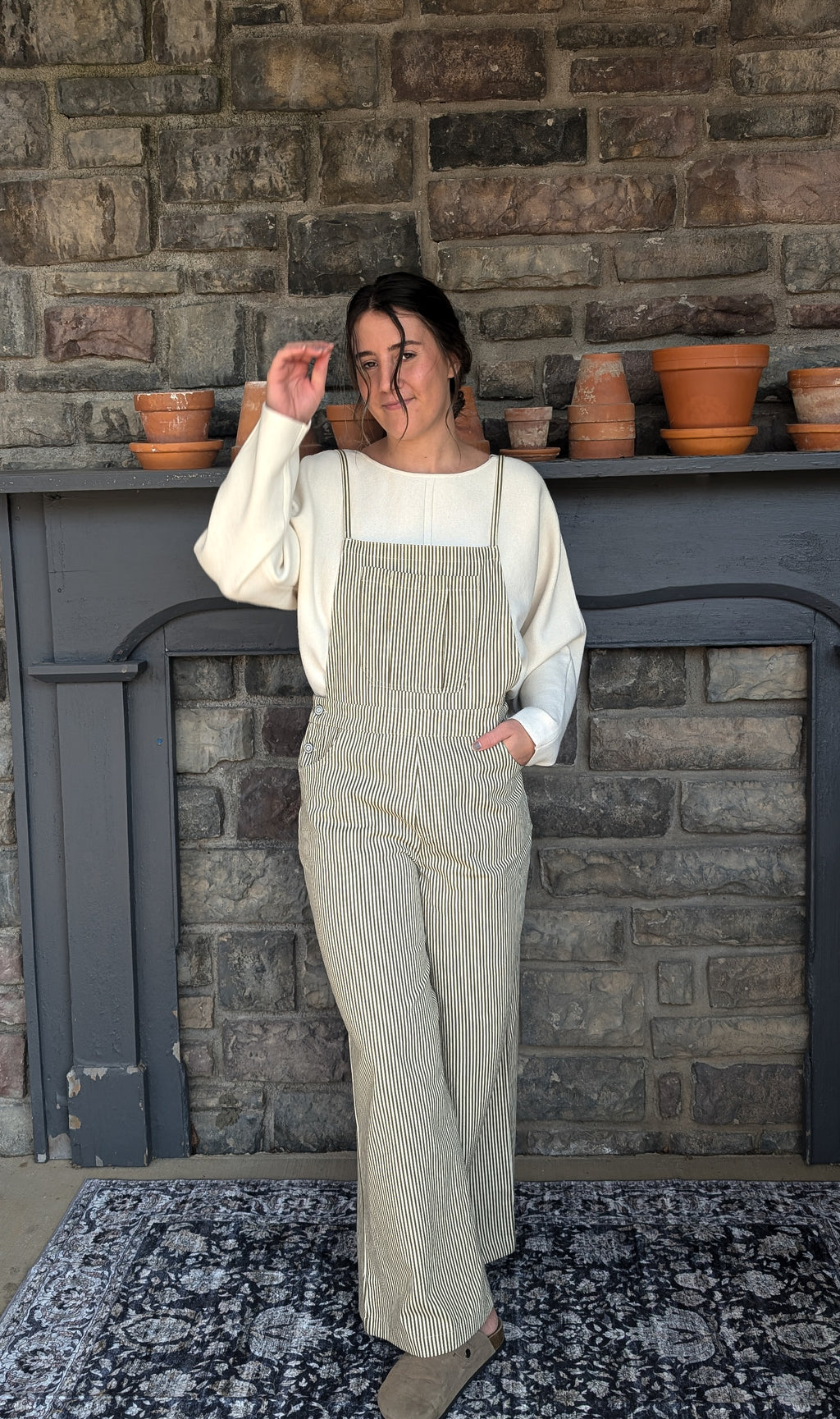 'Prescott' Stripe Overalls in Olive Green