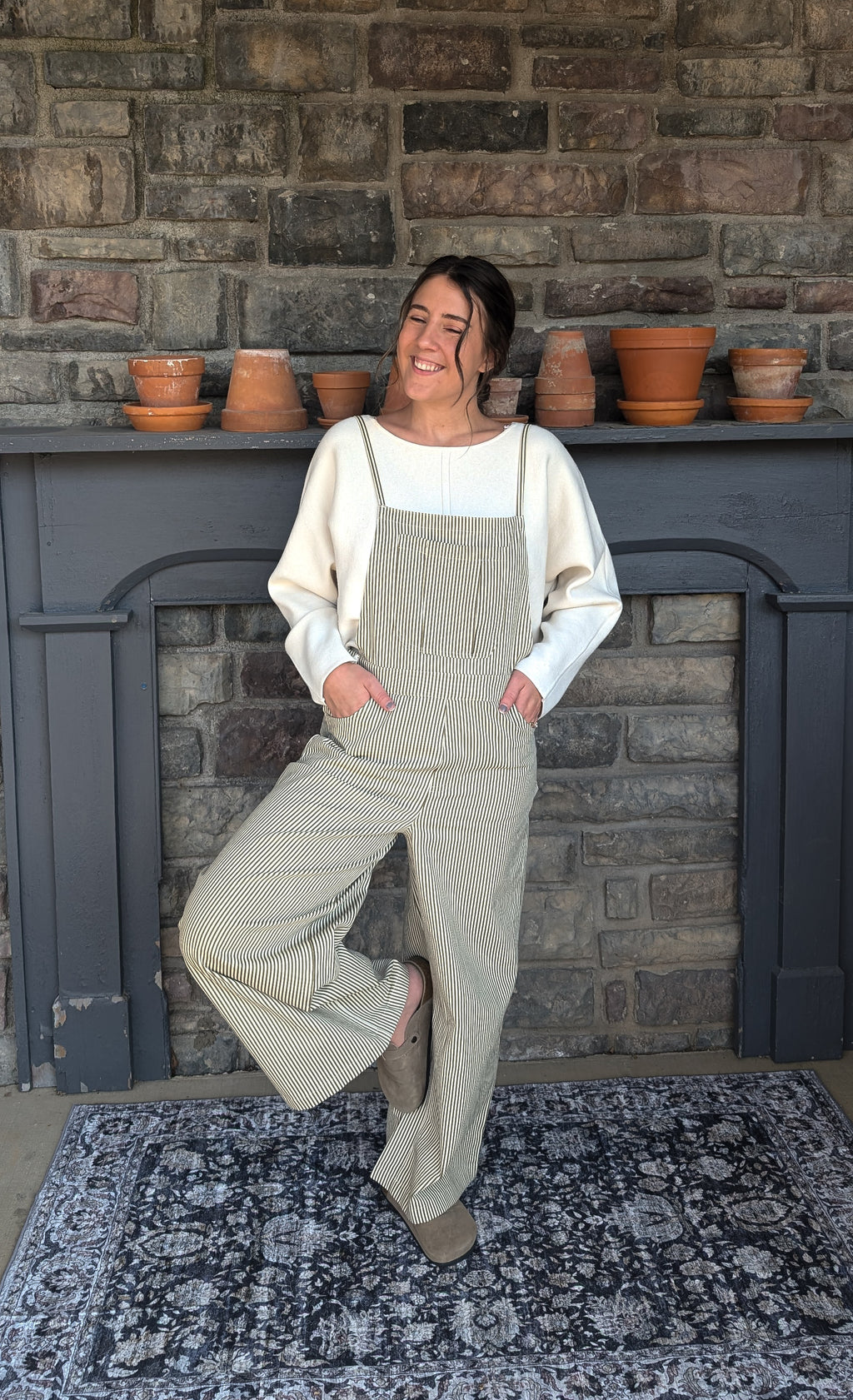 'Prescott' Stripe Overalls in Olive Green