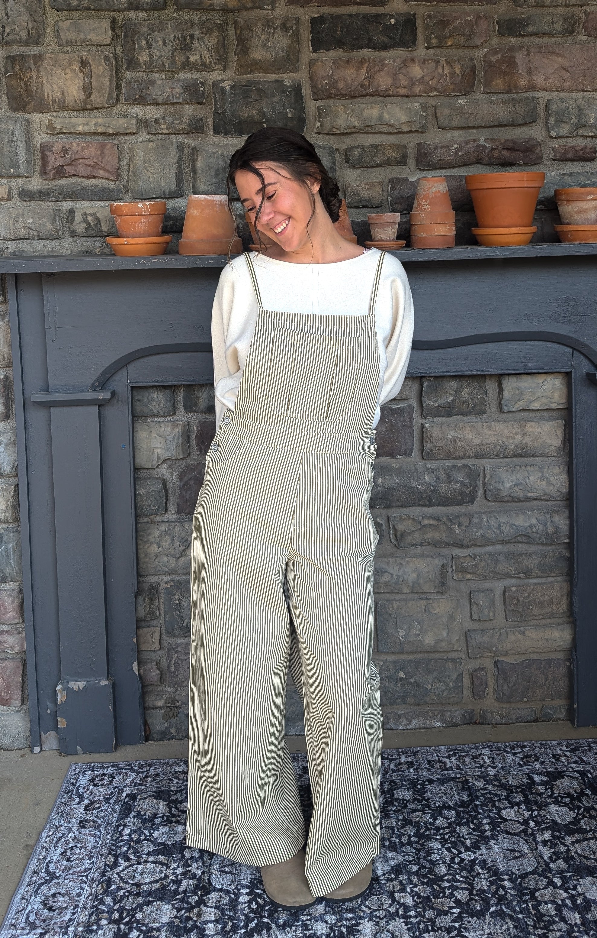 'Prescott' Stripe Overalls in Olive Green