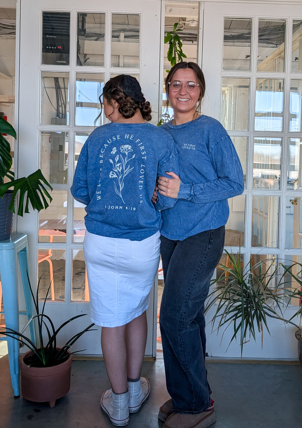 He First Loved Us Long Sleeve Graphic Tee in Denim