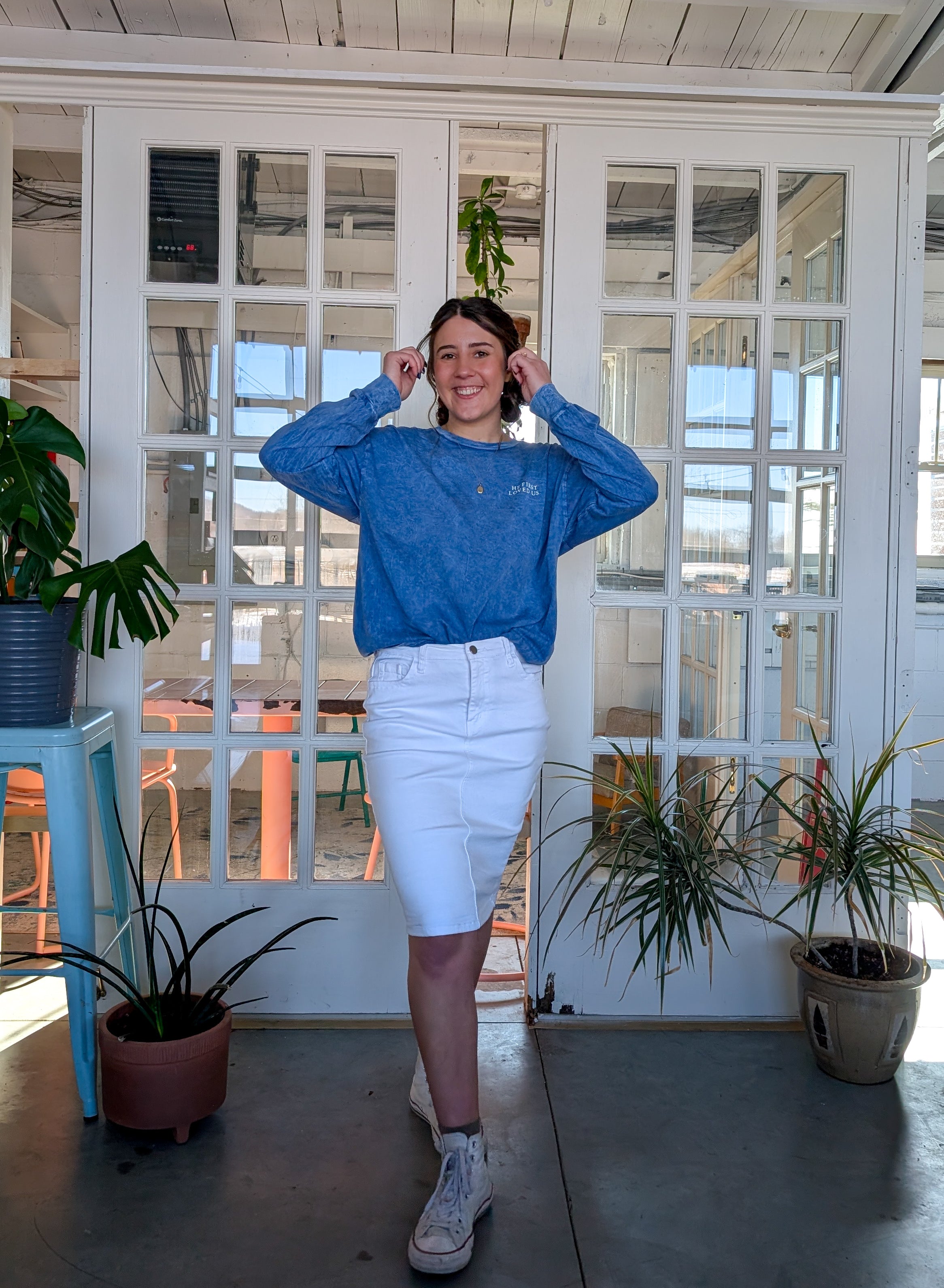 He First Loved Us Long Sleeve Graphic Tee in Denim