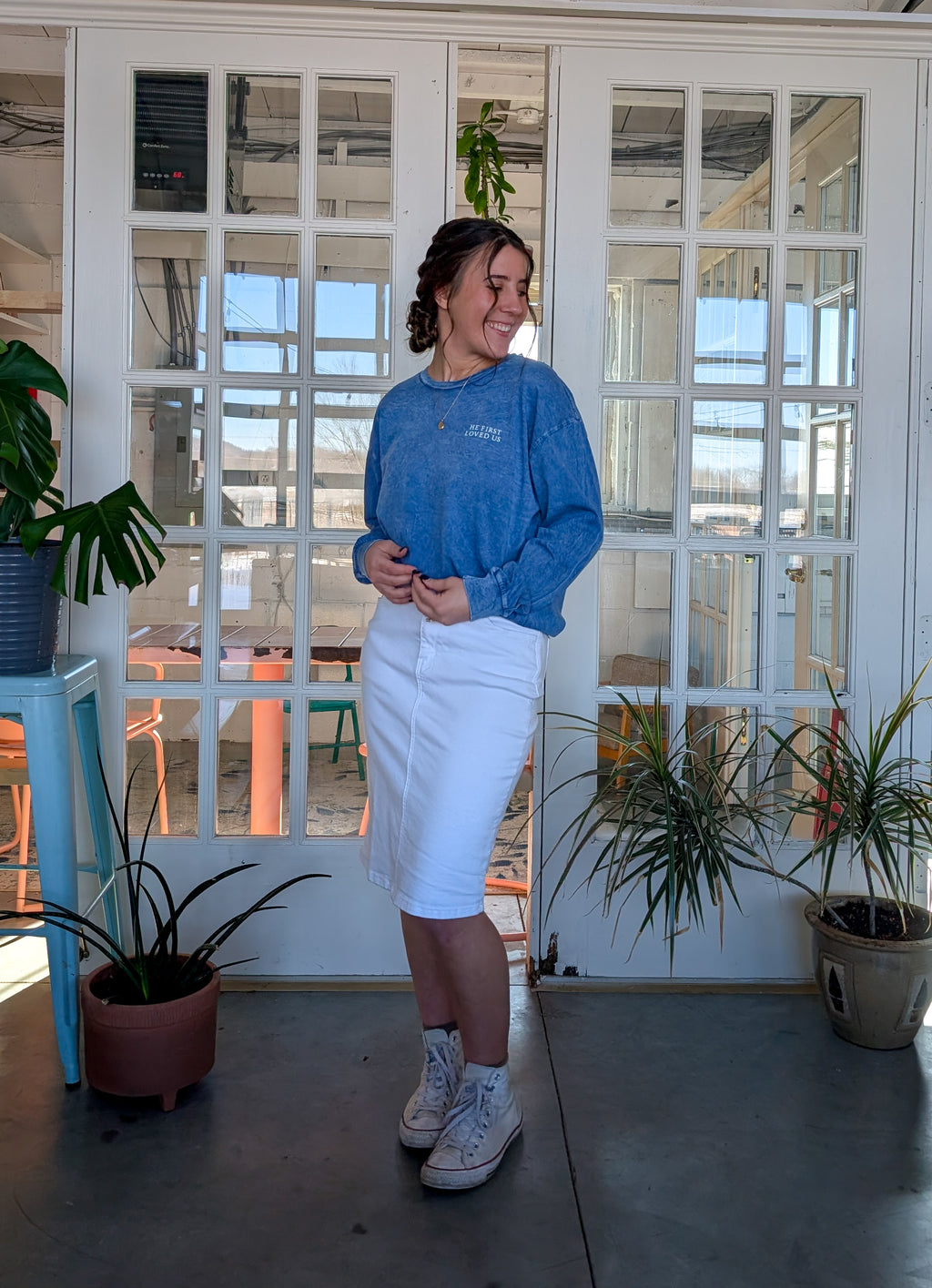 He First Loved Us Long Sleeve Graphic Tee in Denim