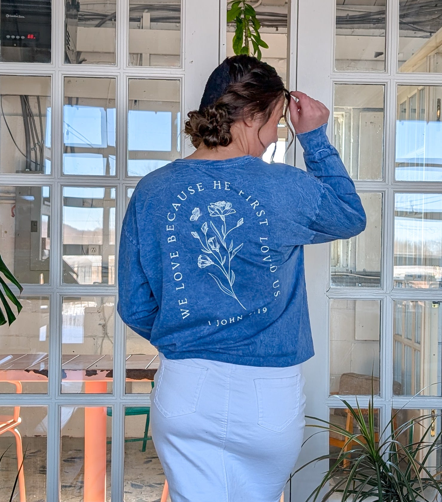 He First Loved Us Long Sleeve Graphic Tee in Denim