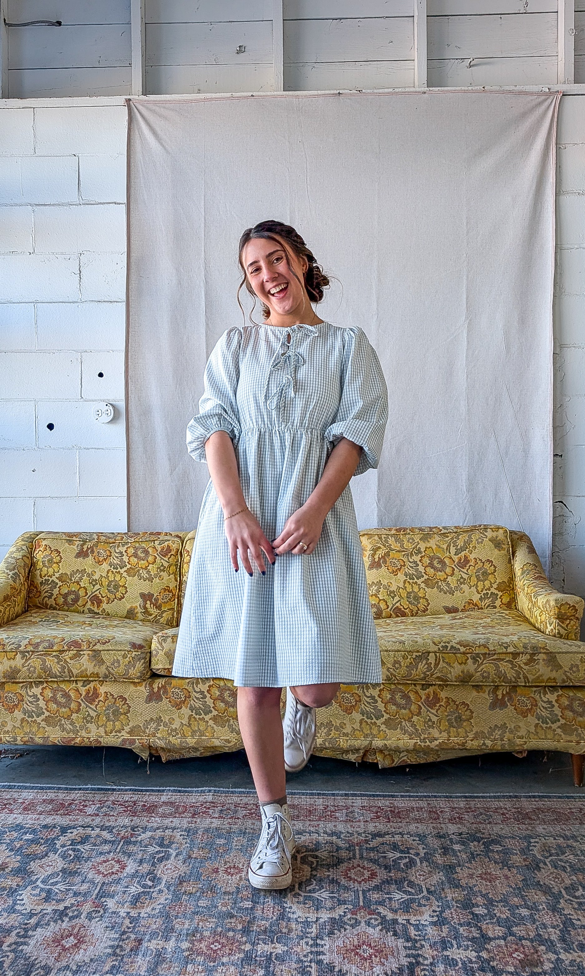 'Emerson' Gingham Print Mid Dress in Soft Blue