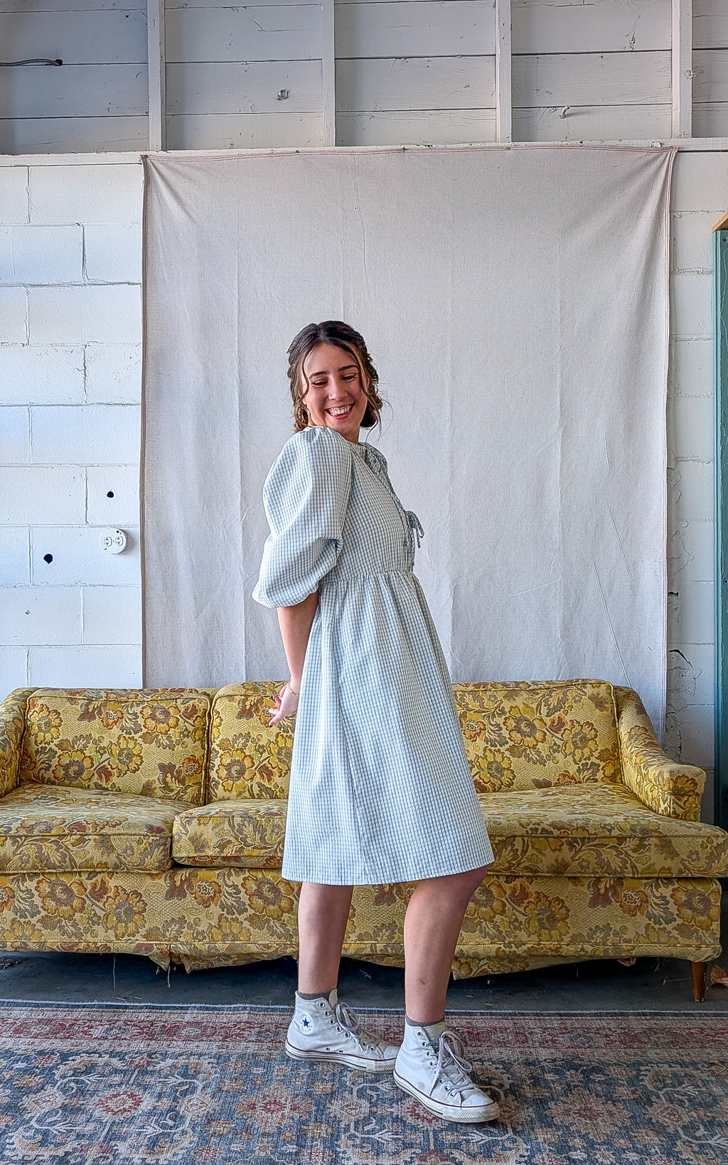 'Emerson' Gingham Print Mid Dress in Soft Blue