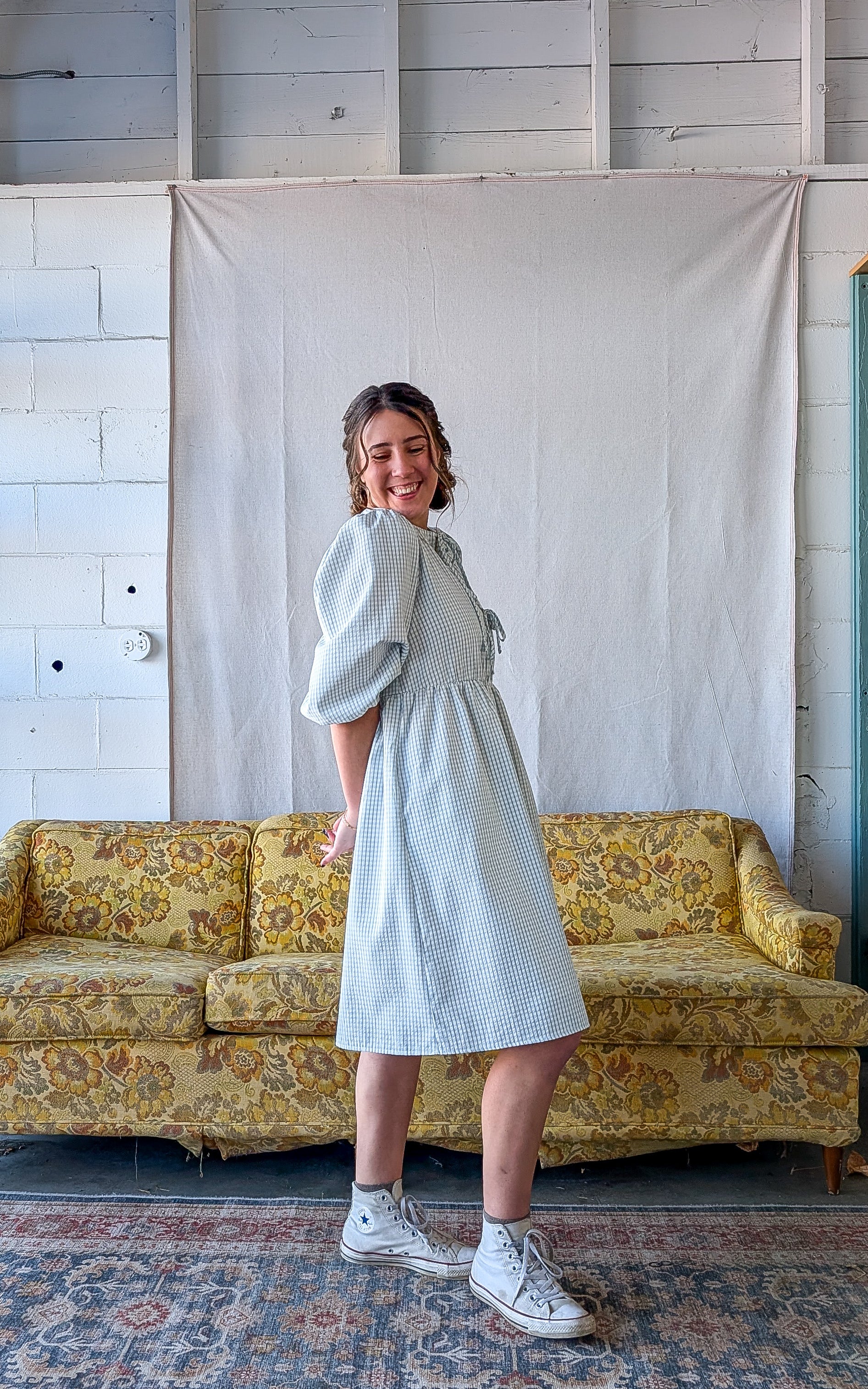 'Emerson' Gingham Print Mid Dress in Soft Blue