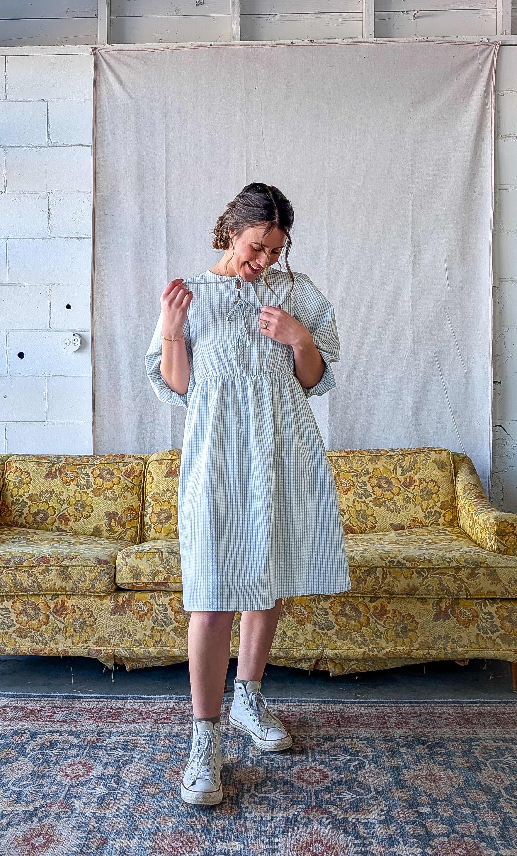 'Emerson' Gingham Print Mid Dress in Soft Blue