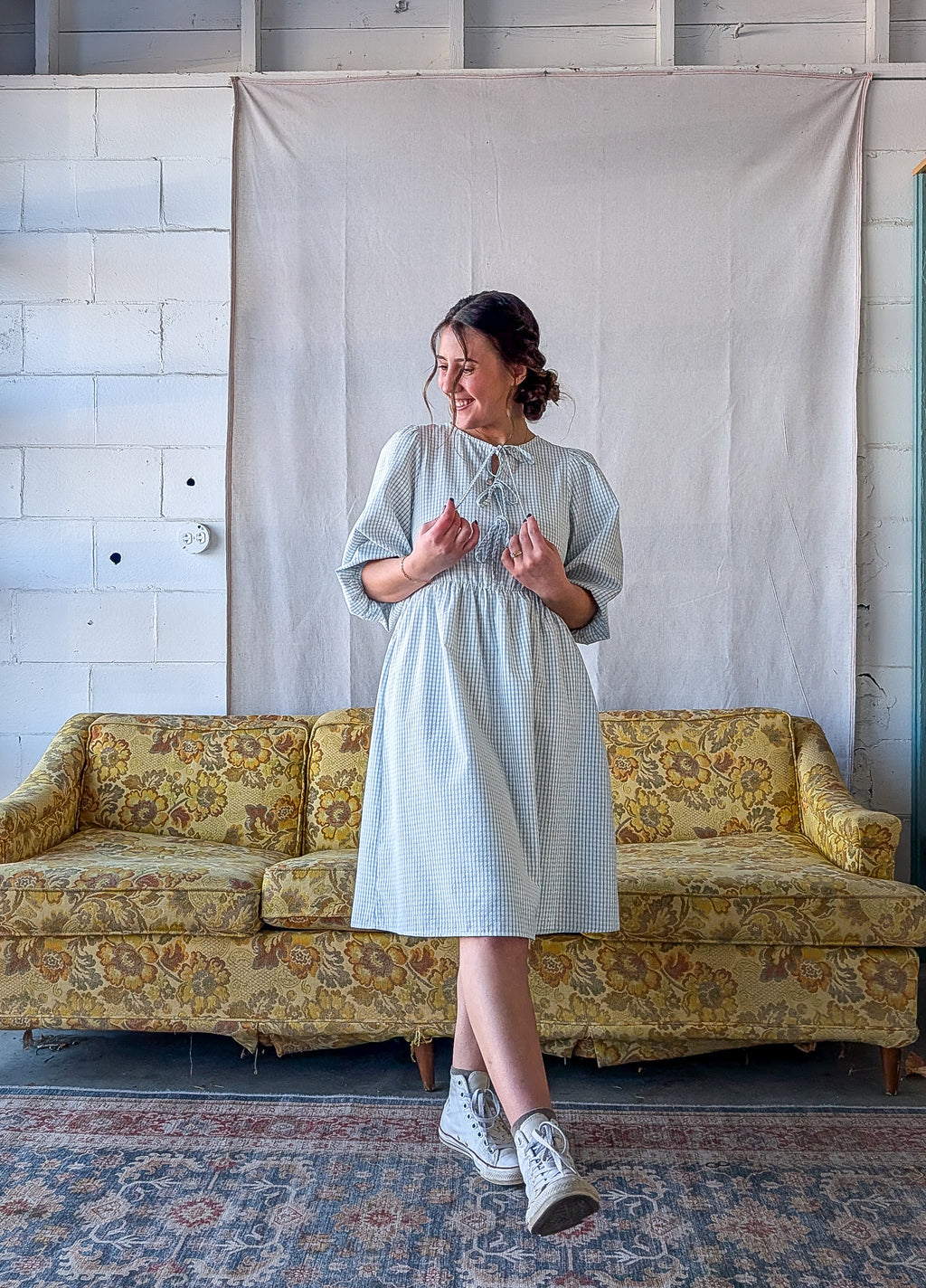 'Emerson' Gingham Print Mid Dress in Soft Blue