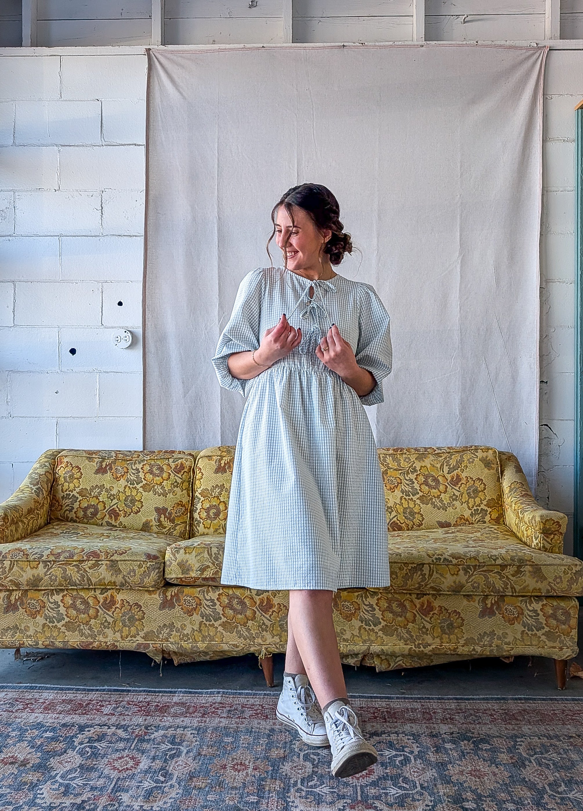 'Emerson' Gingham Print Mid Dress in Soft Blue