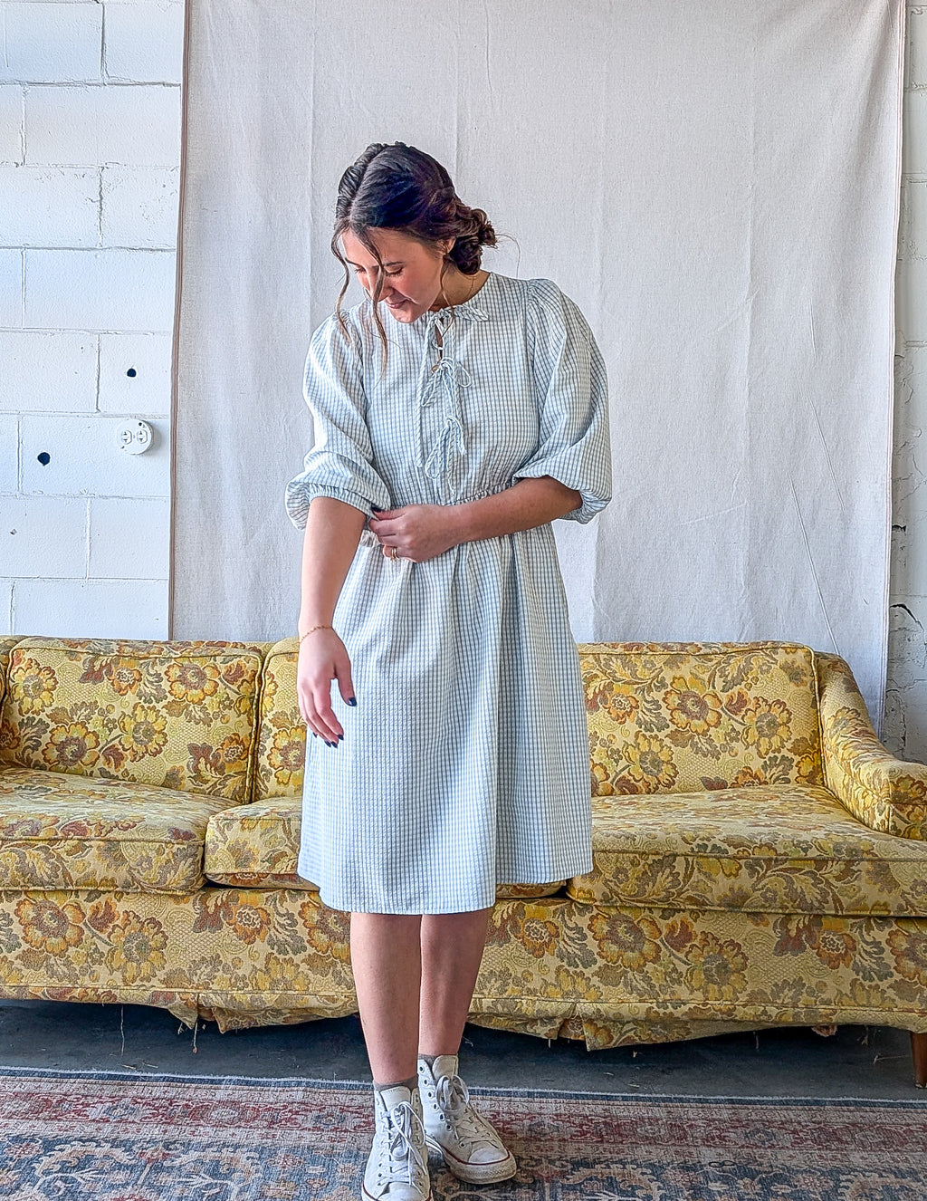 'Emerson' Gingham Print Mid Dress in Soft Blue