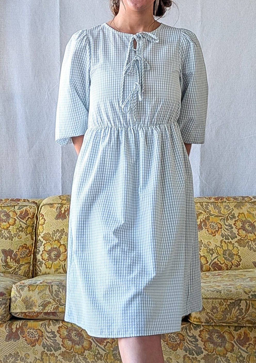 'Emerson' Gingham Print Mid Dress in Soft Blue