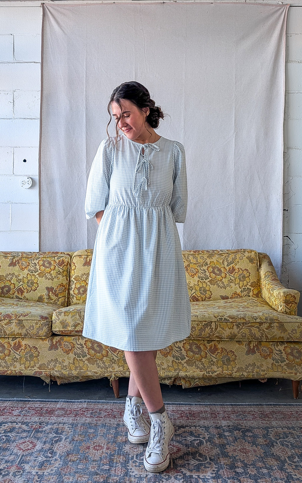 'Emerson' Gingham Print Mid Dress in Soft Blue