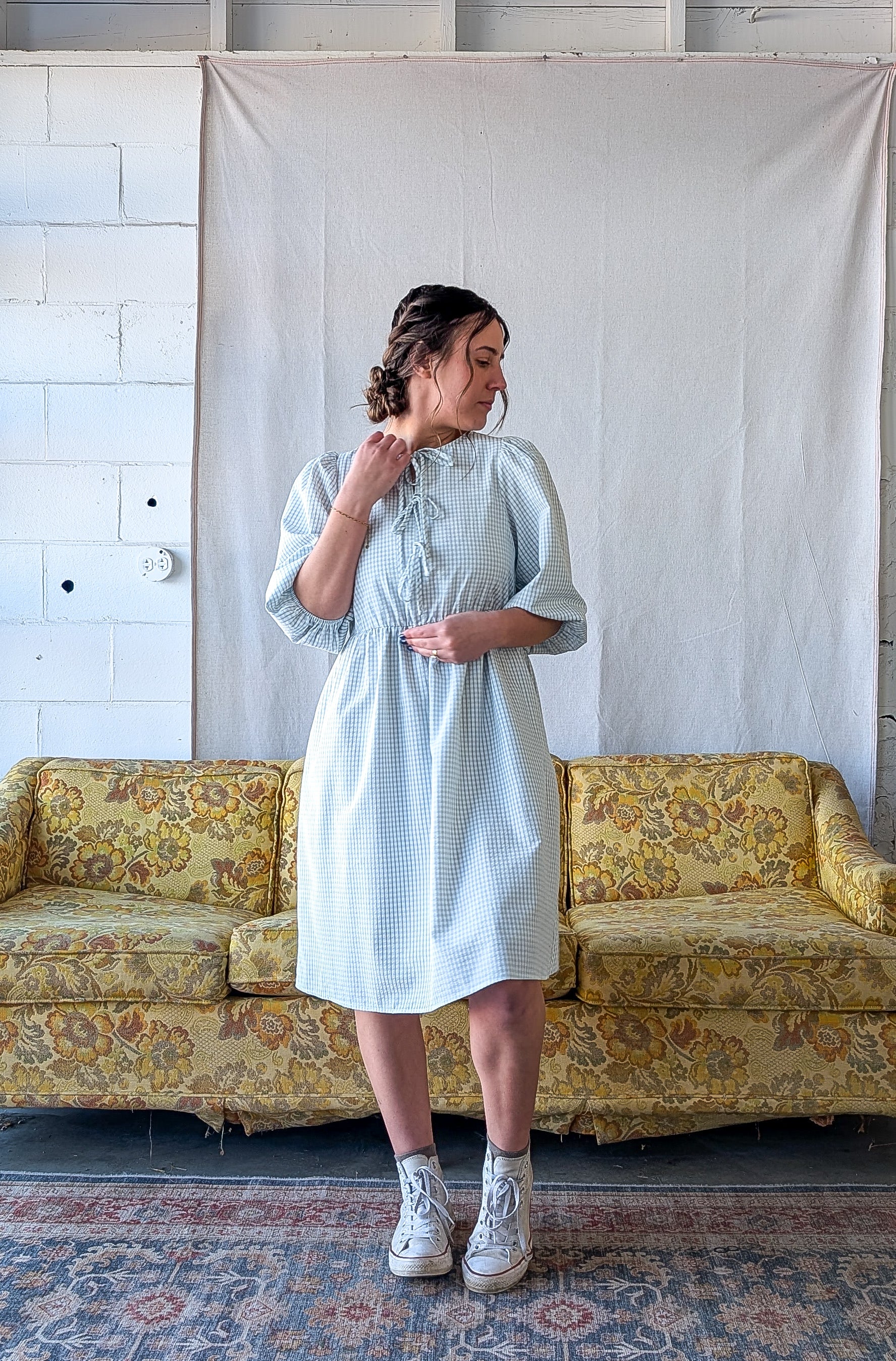 'Emerson' Gingham Print Mid Dress in Soft Blue