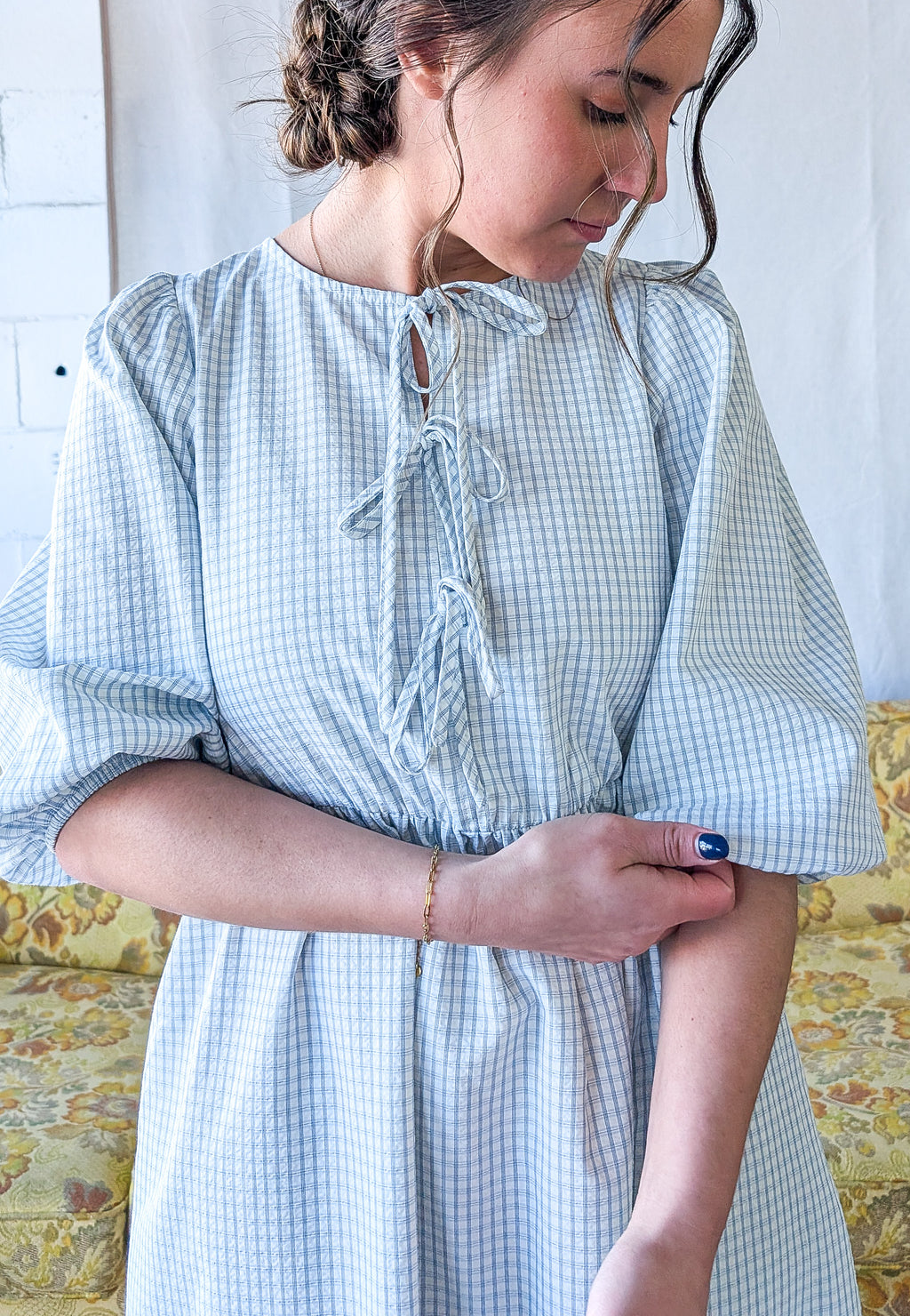 'Emerson' Gingham Print Mid Dress in Soft Blue