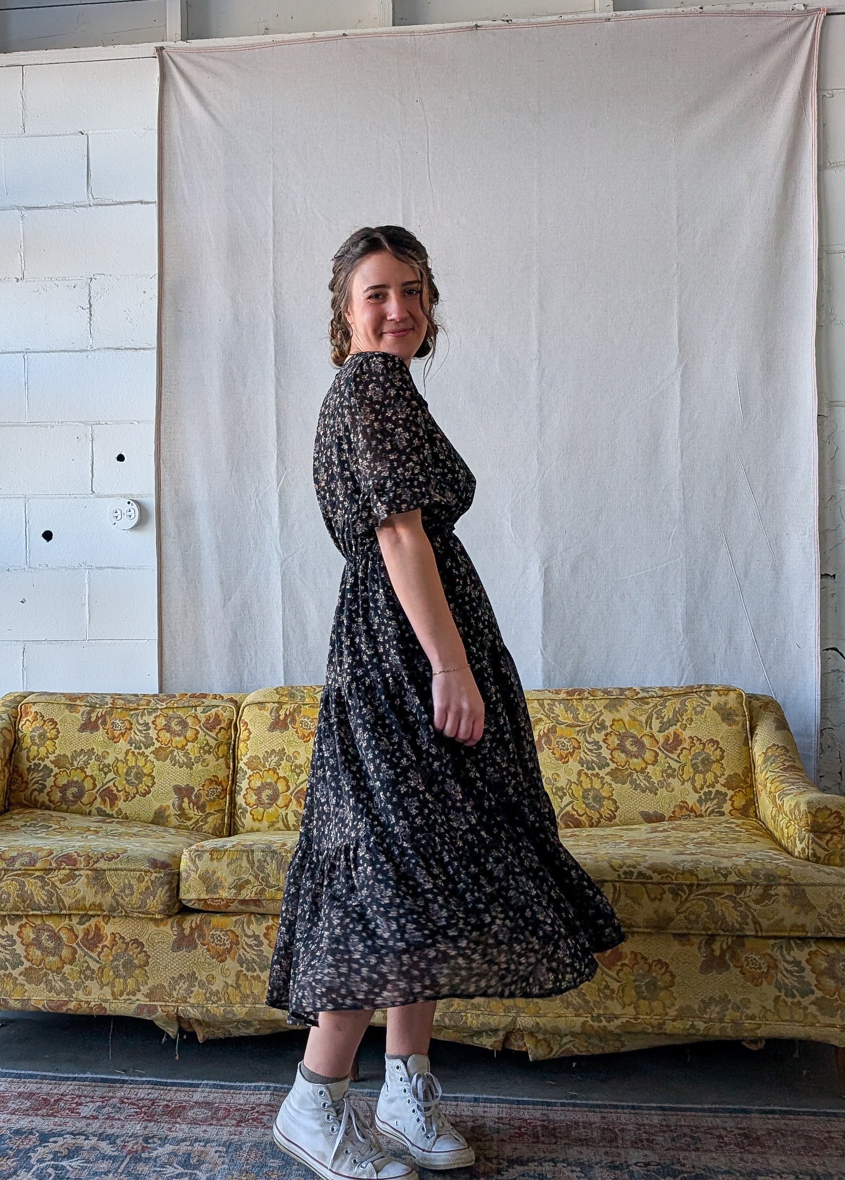 'Estelle' Floral Midi Dress in Black