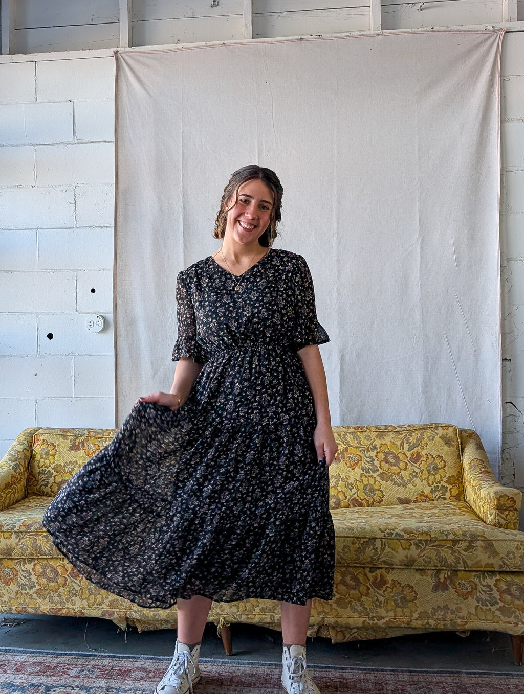 'Estelle' Floral Midi Dress in Black