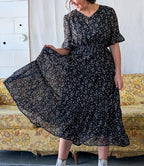 'Estelle' Floral Midi Dress in Black