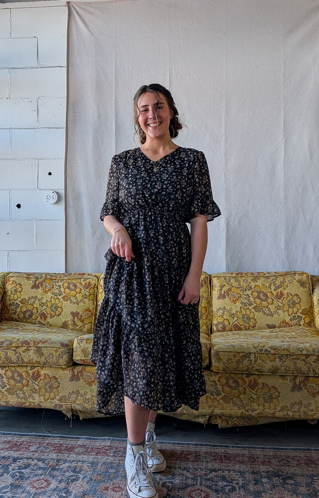 'Estelle' Floral Midi Dress in Black