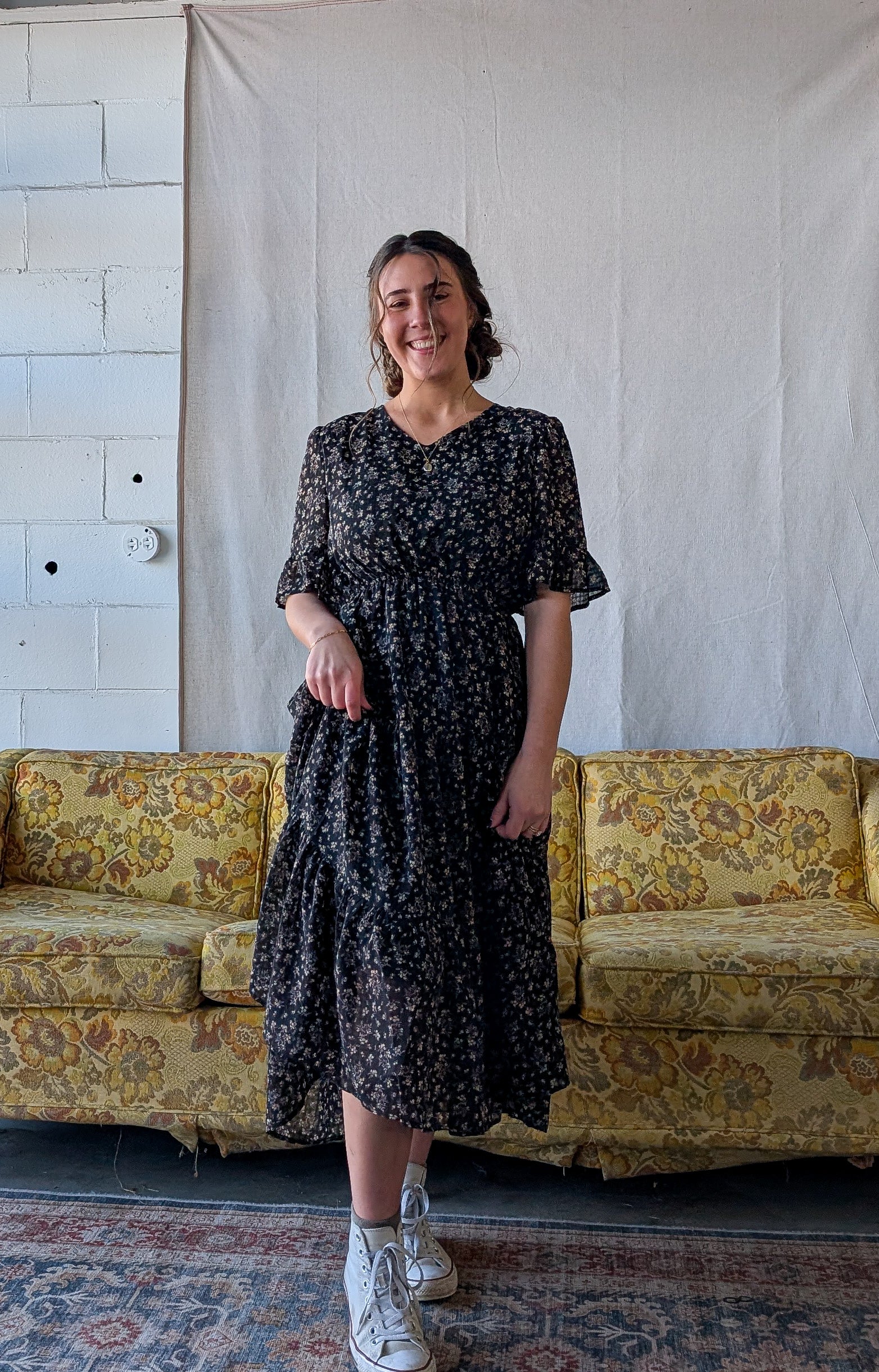 'Estelle' Floral Midi Dress in Black