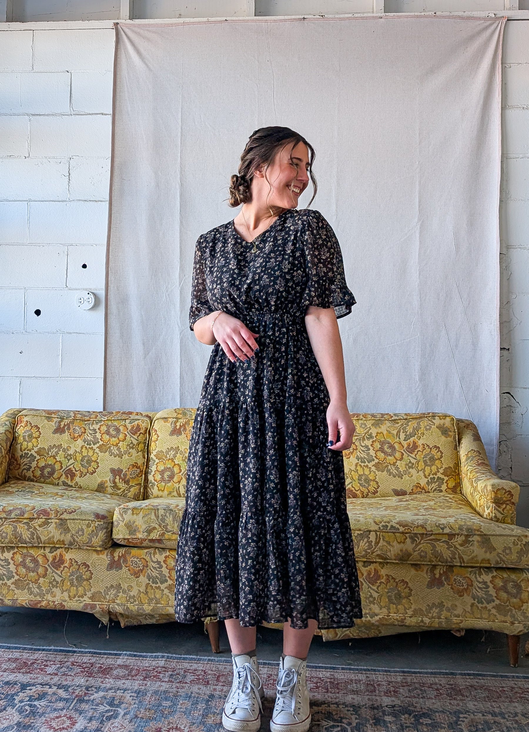 'Estelle' Floral Midi Dress in Black