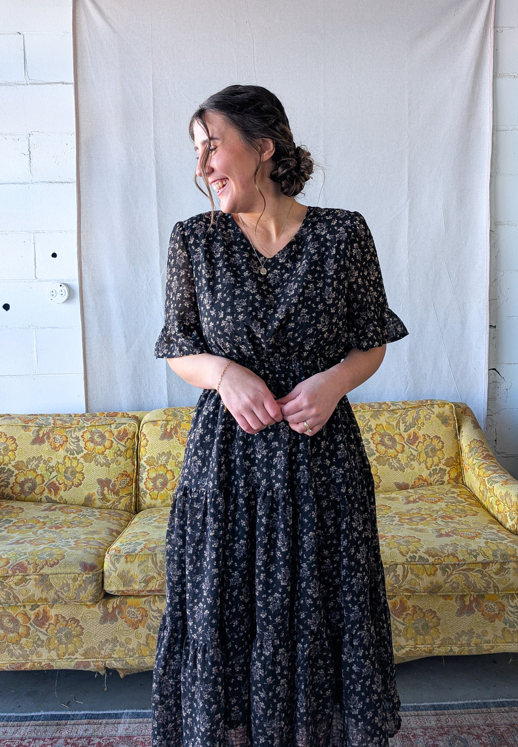 'Estelle' Floral Midi Dress in Black