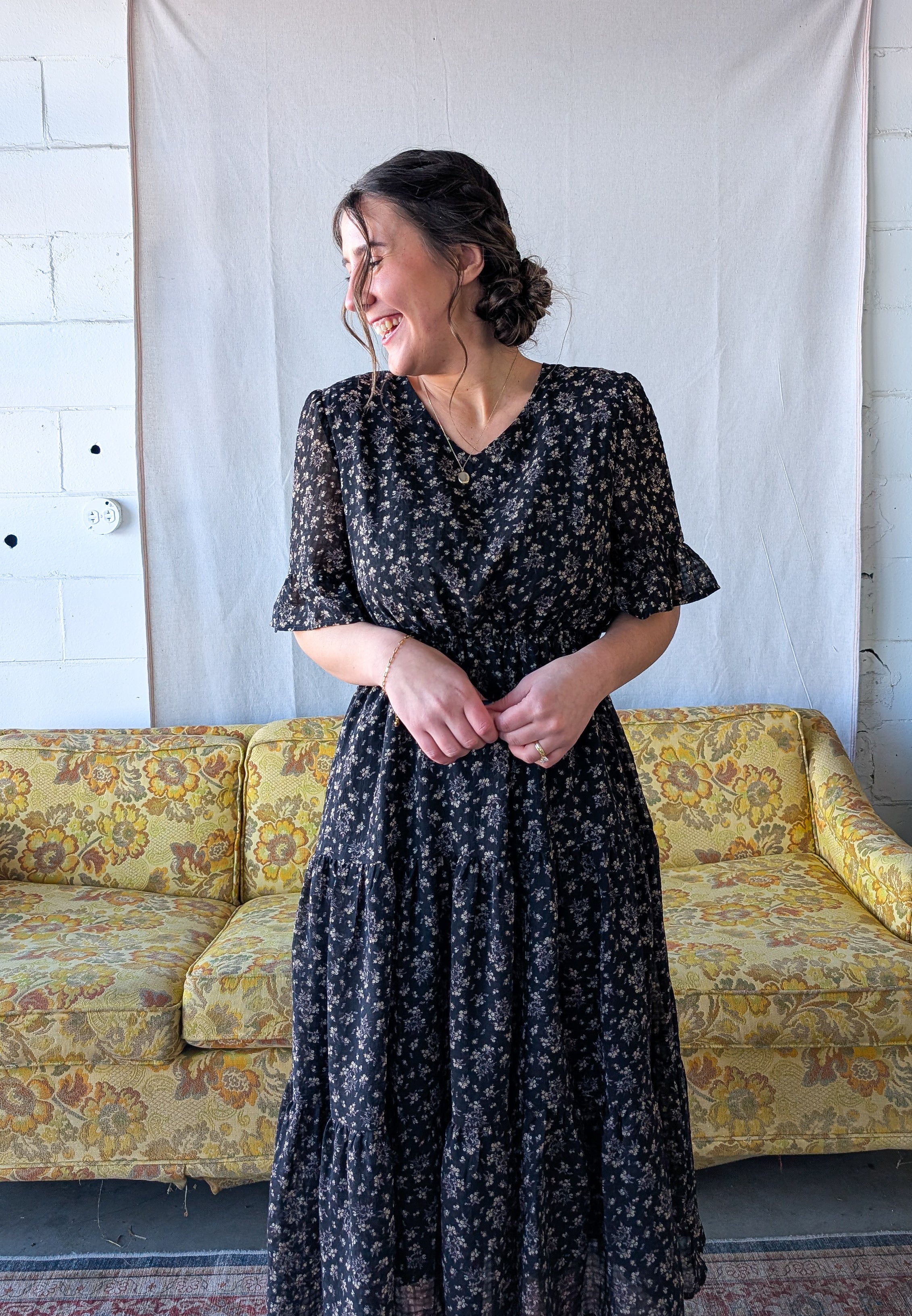 'Estelle' Floral Midi Dress in Black