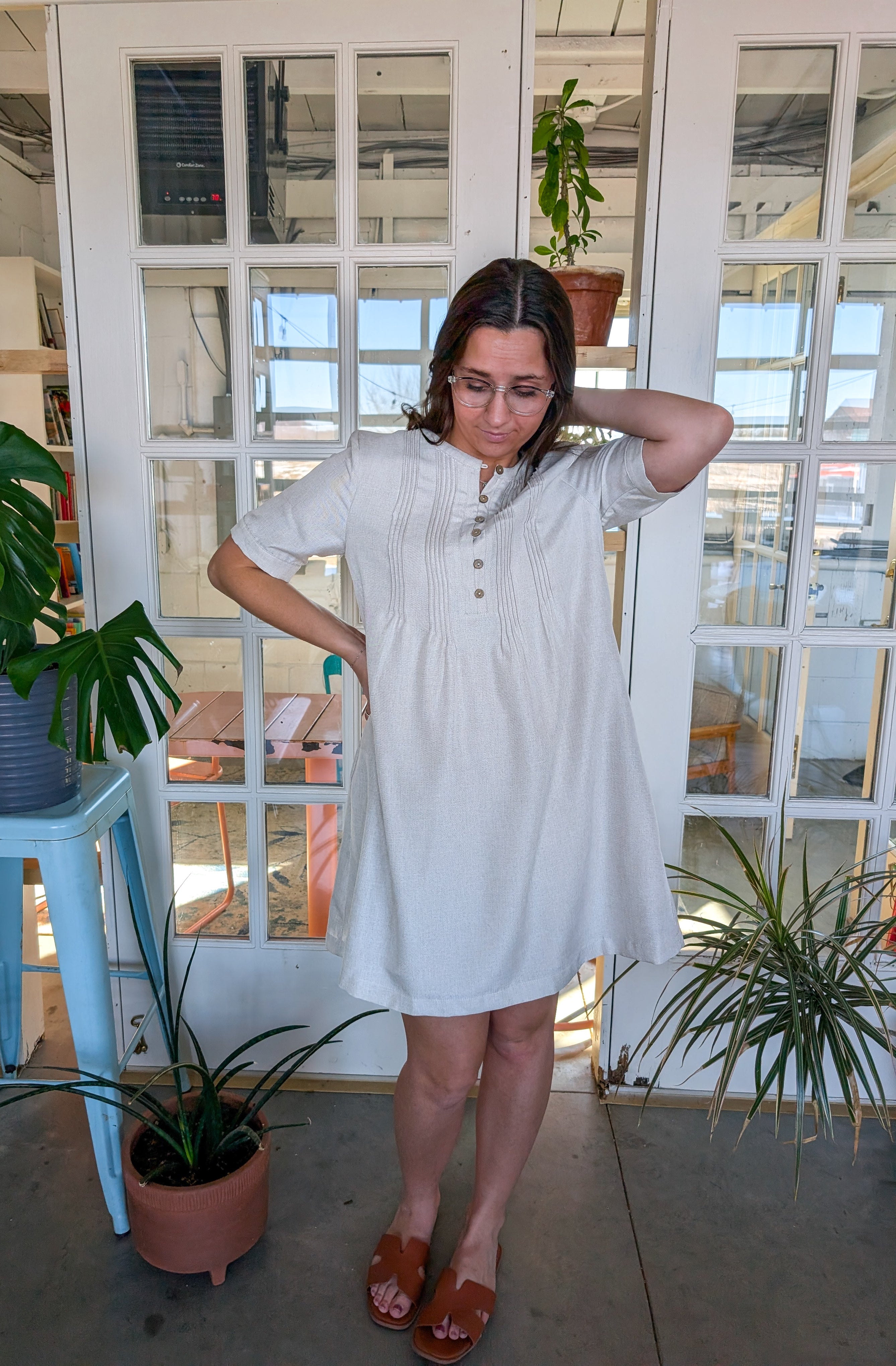 'Ashton' Button Up Mini Dress in Oatmeal