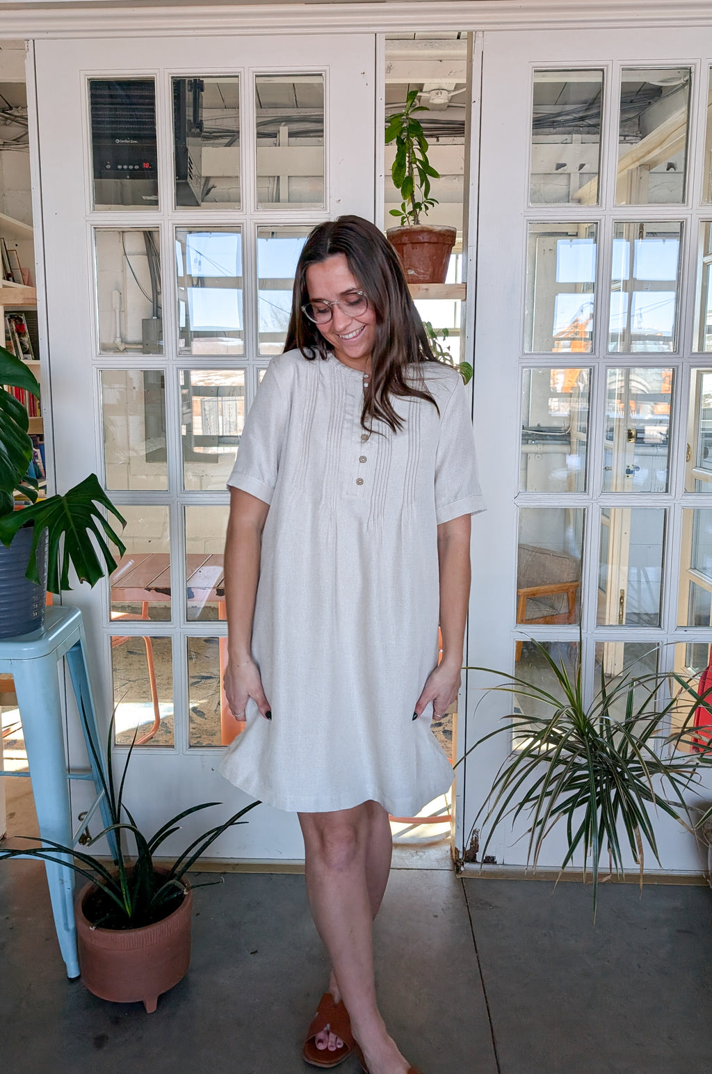 'Ashton' Button Up Mini Dress in Oatmeal