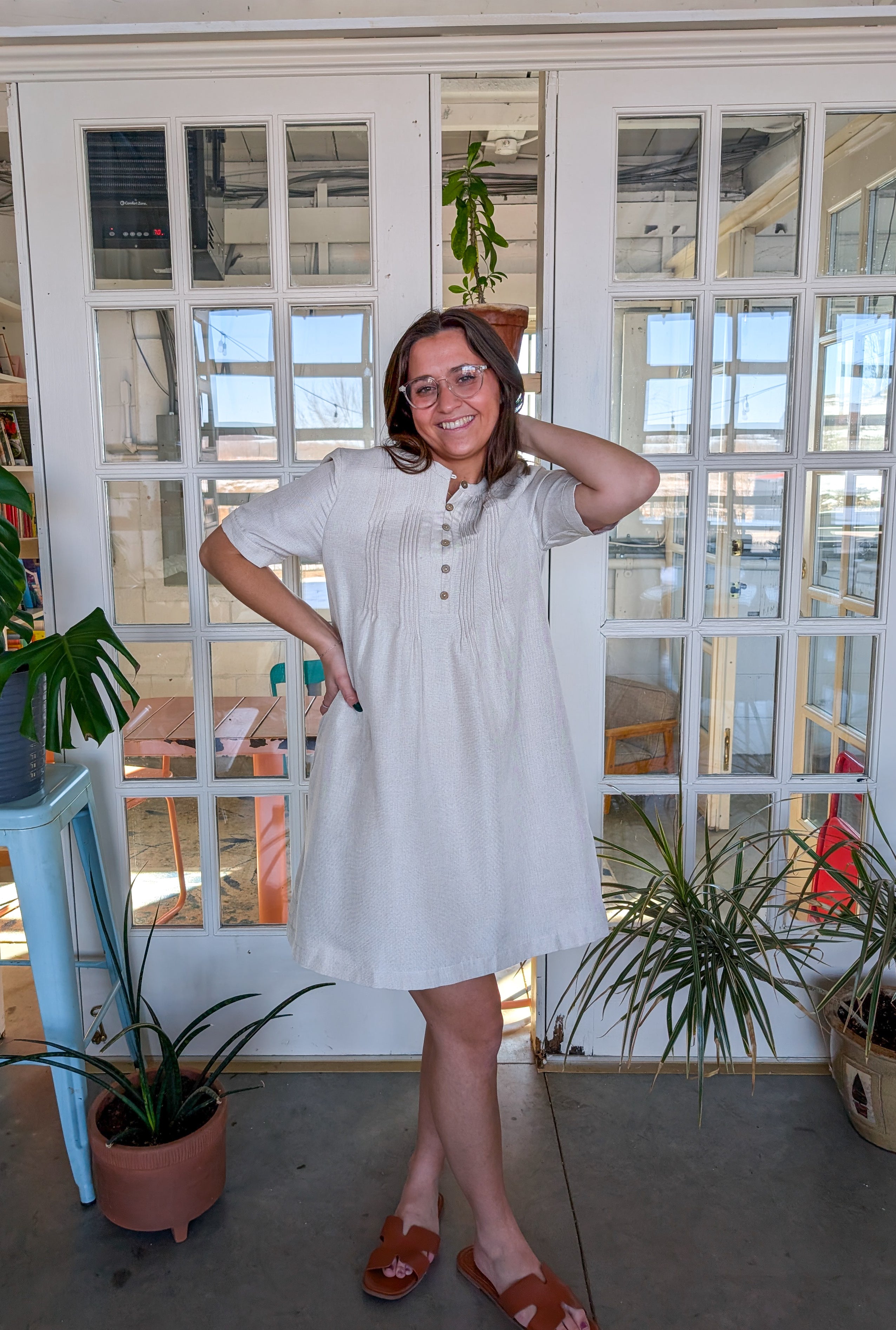 'Ashton' Button Up Mini Dress in Oatmeal