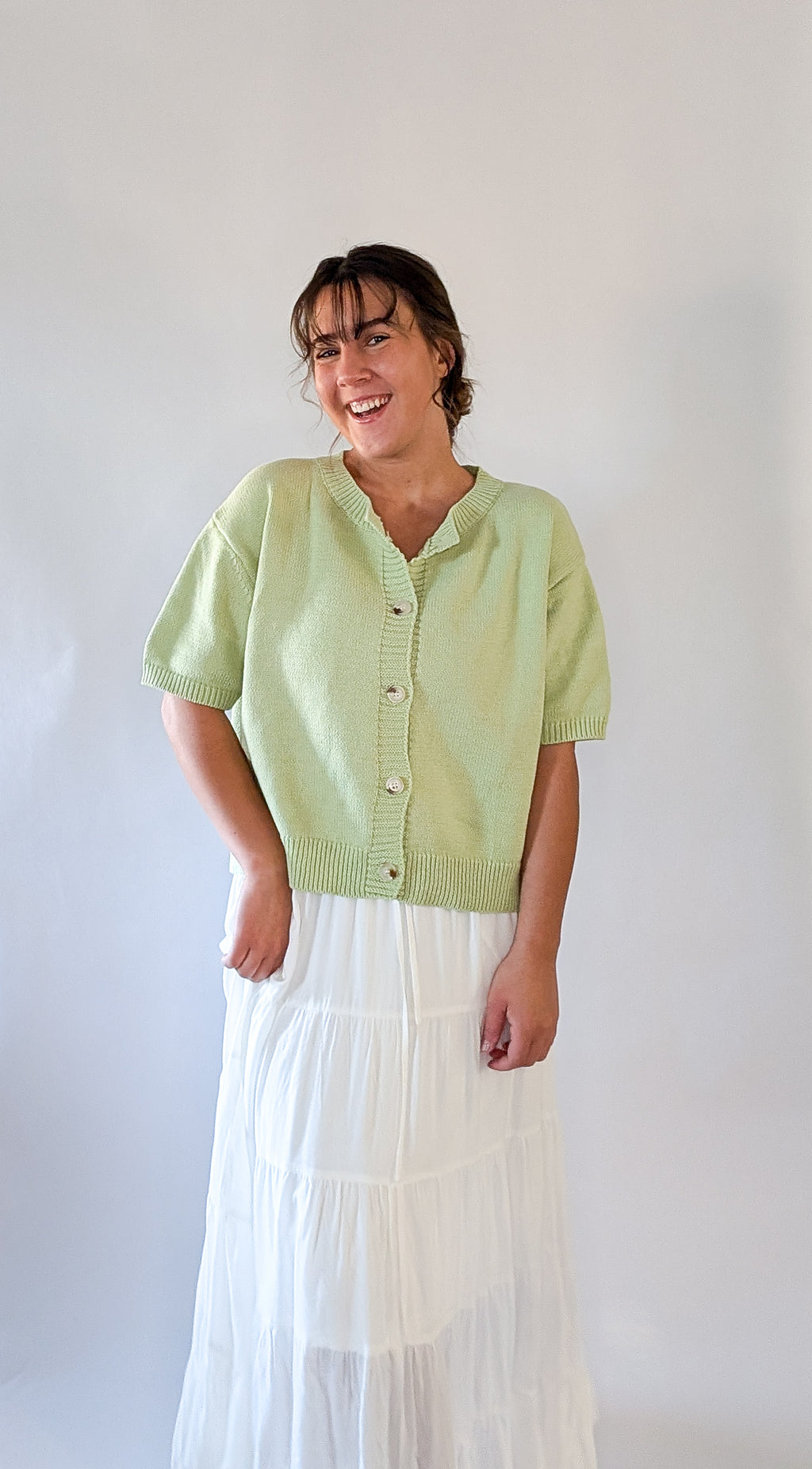 'Mae' Short Sleeve Cardigan in Light Green