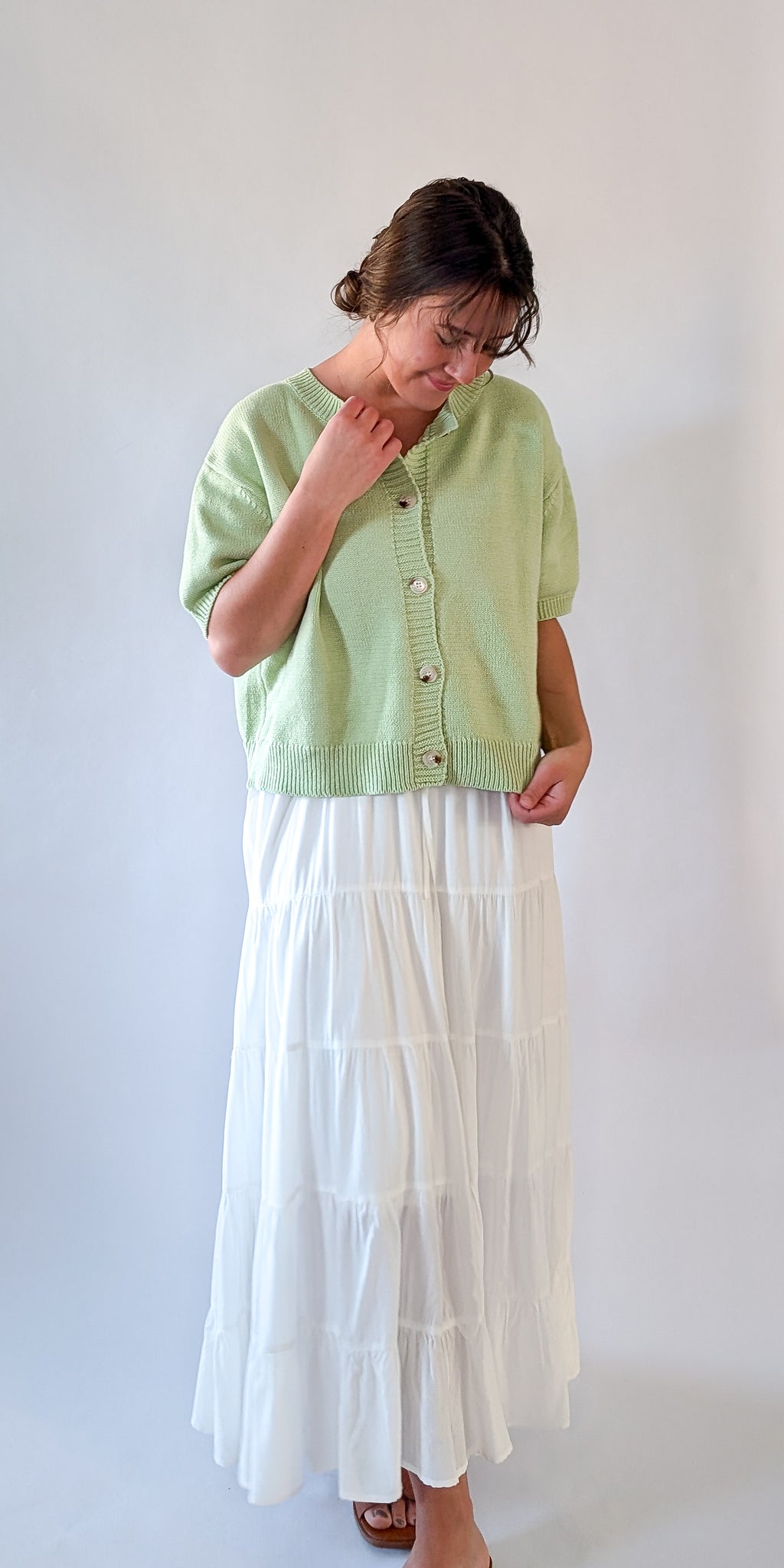 'Mae' Short Sleeve Cardigan in Light Green