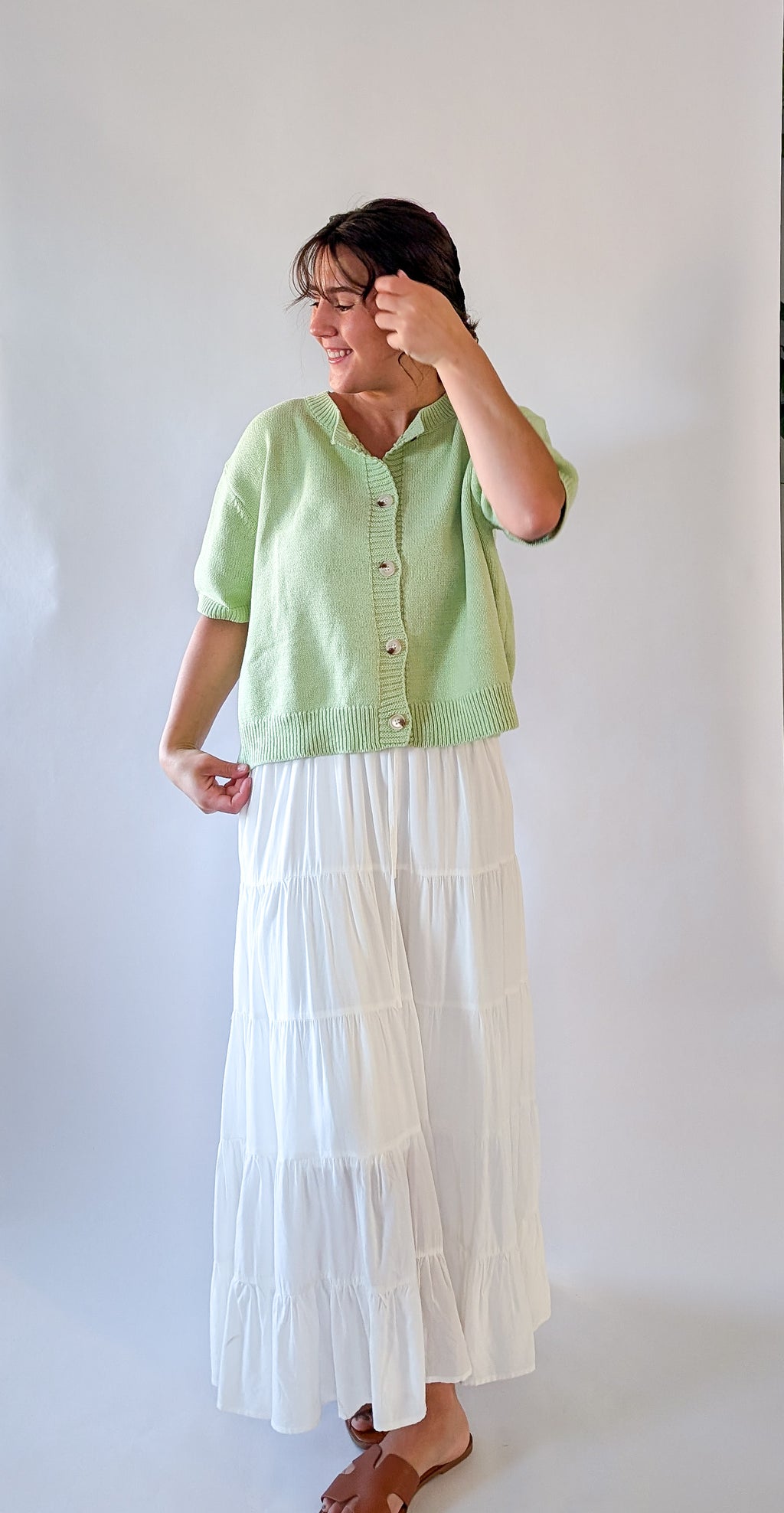 'Mae' Short Sleeve Cardigan in Light Green