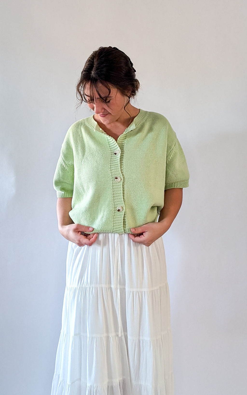 'Mae' Short Sleeve Cardigan in Light Green