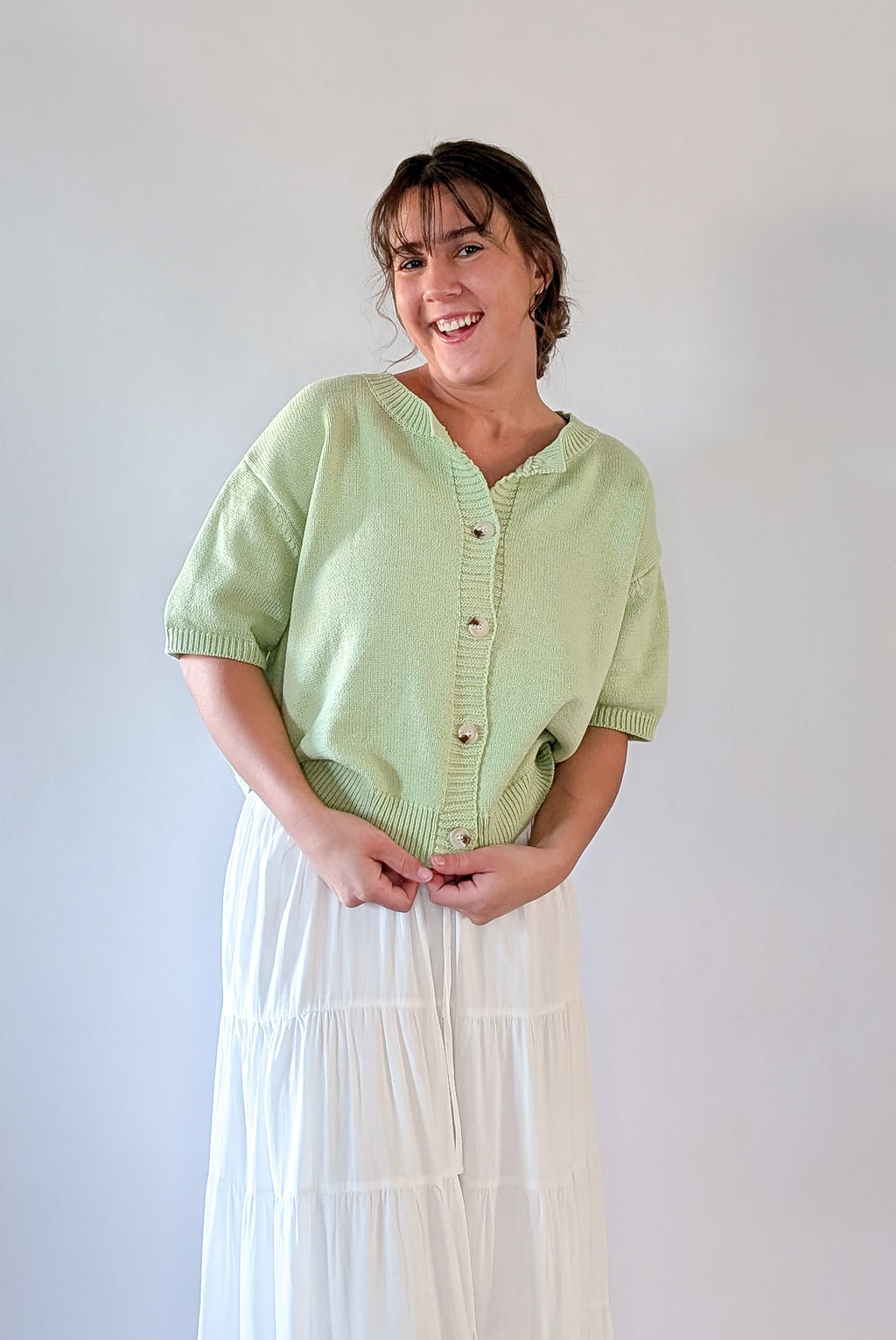 'Mae' Short Sleeve Cardigan in Light Green