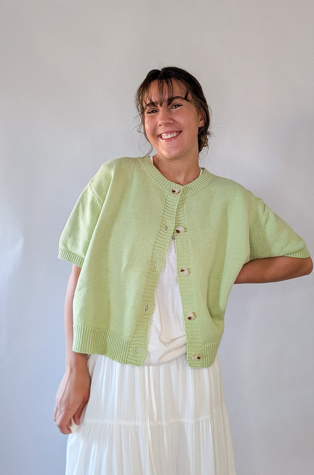 'Mae' Short Sleeve Cardigan in Light Green