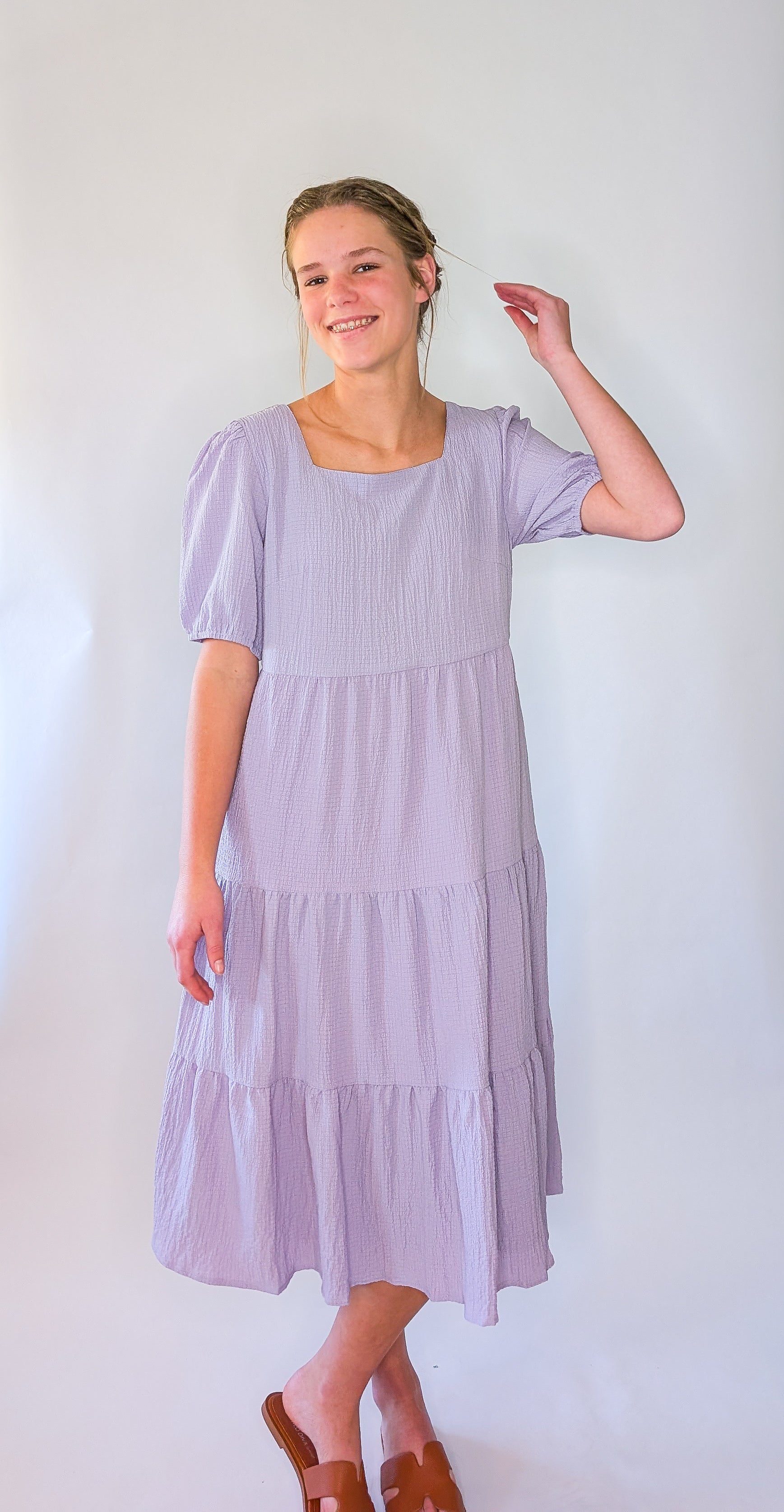 'Vivian' Square Neck Midi Dress in Lavender