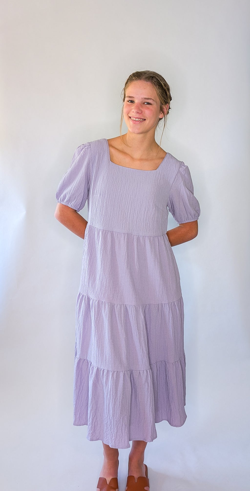 'Vivian' Square Neck Midi Dress in Lavender