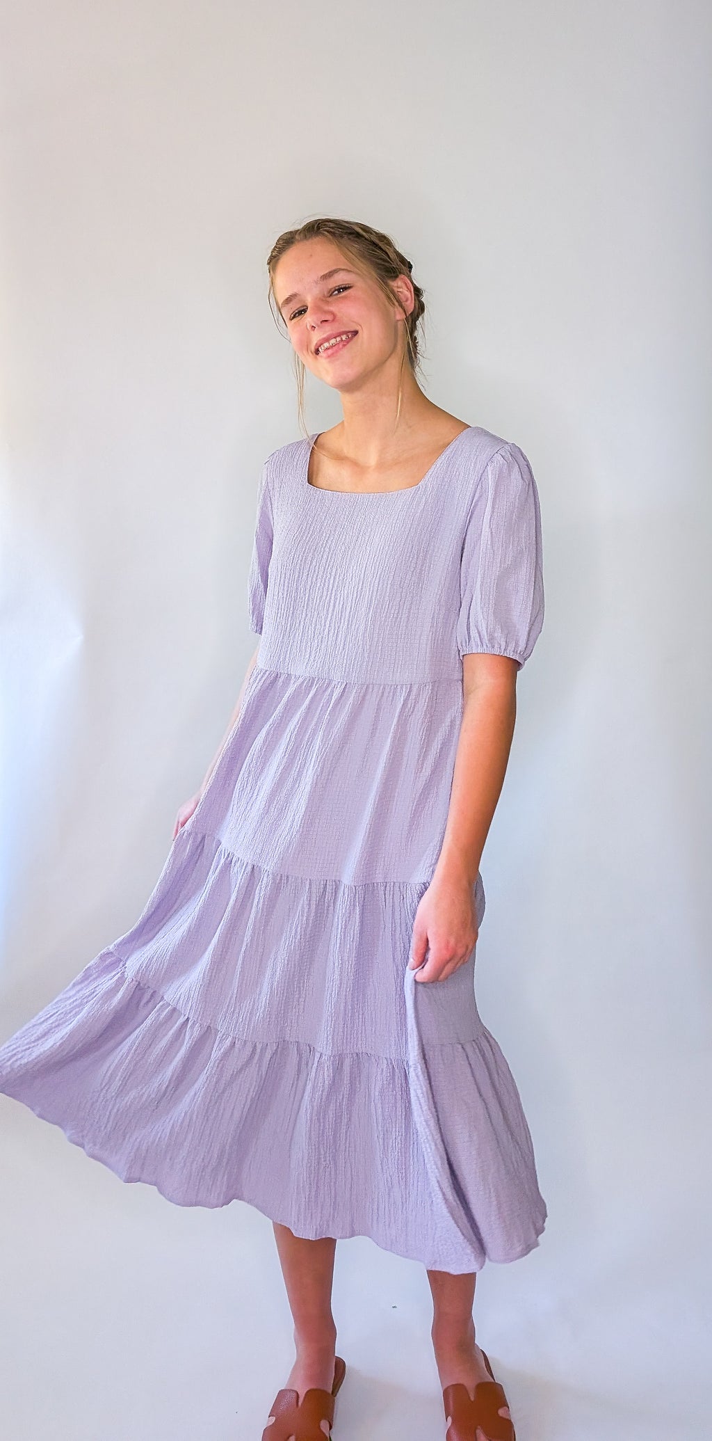 'Vivian' Square Neck Midi Dress in Lavender