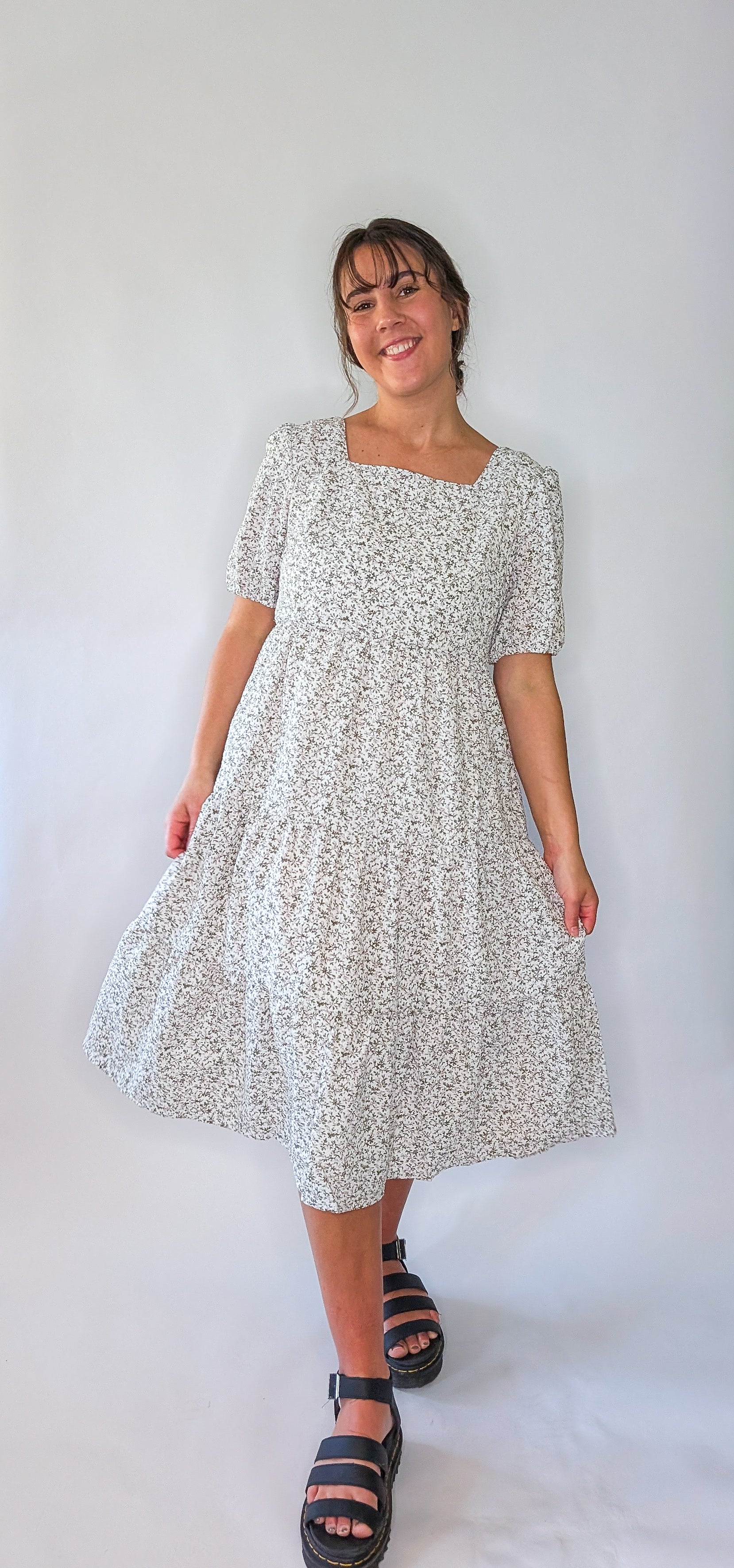 'Vivian' Square Neck Midi Dress in Ivory