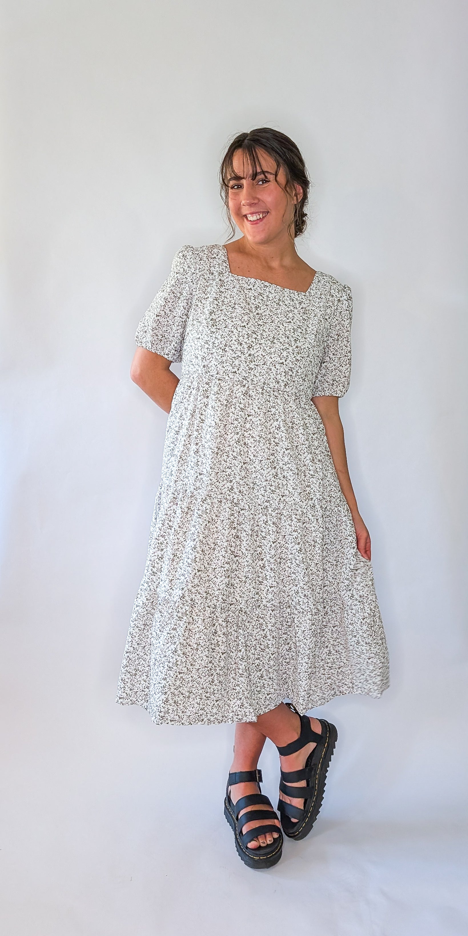 'Vivian' Square Neck Midi Dress in Ivory