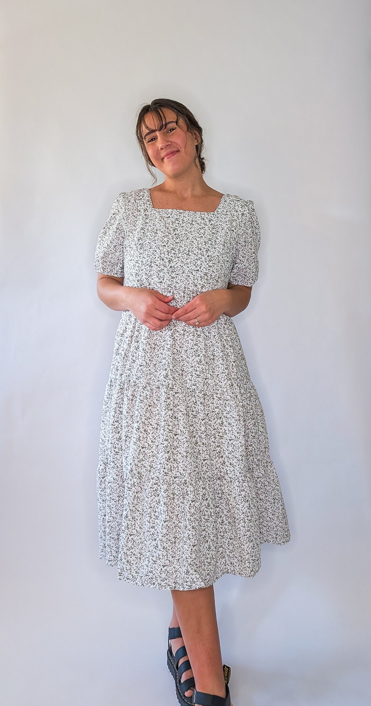 'Vivian' Square Neck Midi Dress in Ivory