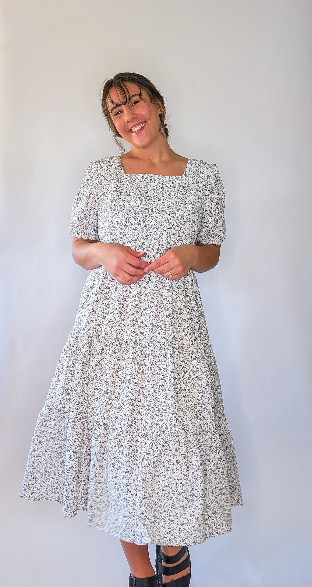 'Vivian' Square Neck Midi Dress in Ivory