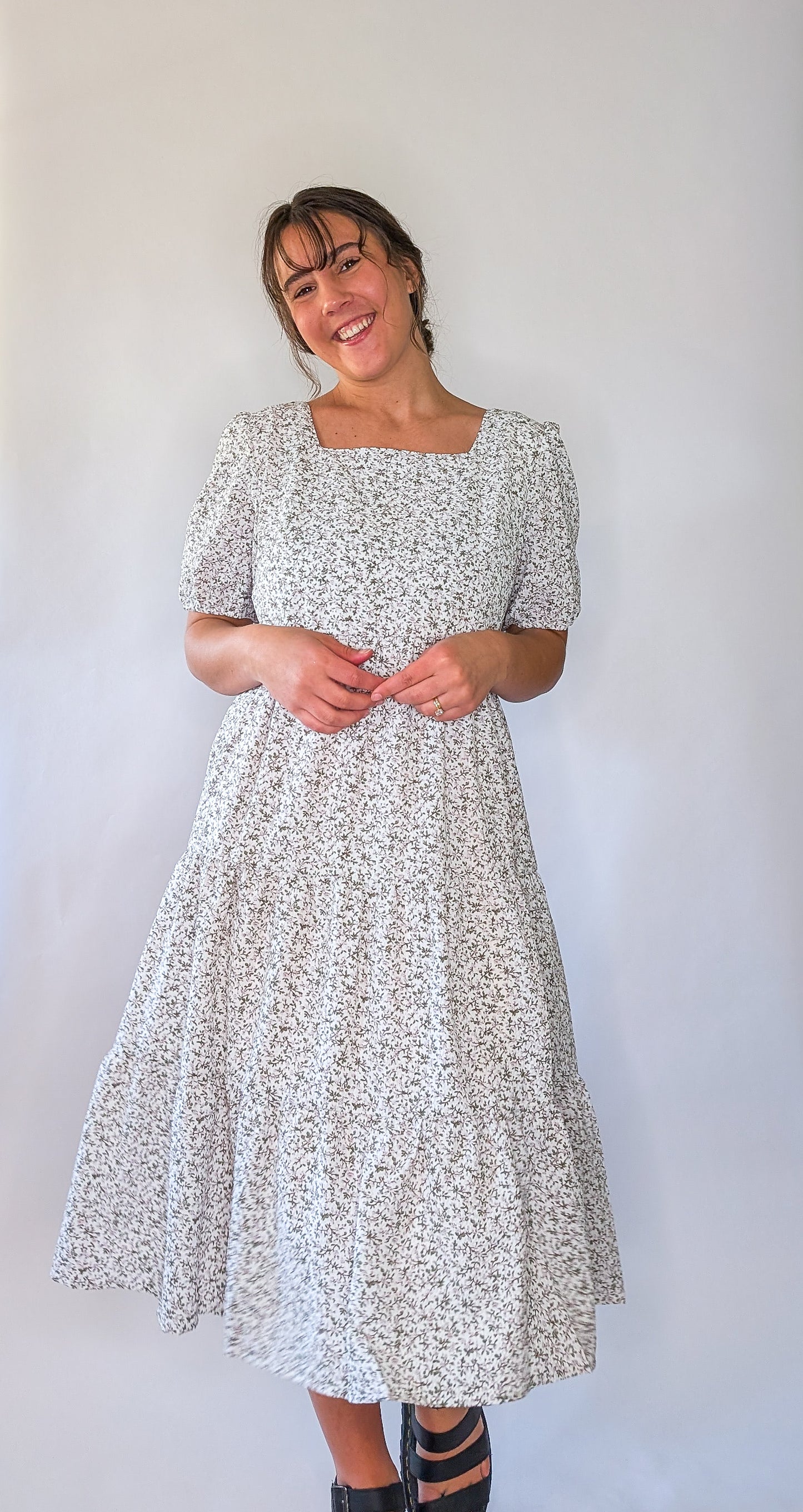 'Vivian' Square Neck Midi Dress in Ivory