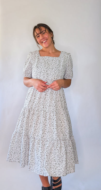 'Vivian' Square Neck Midi Dress in Ivory