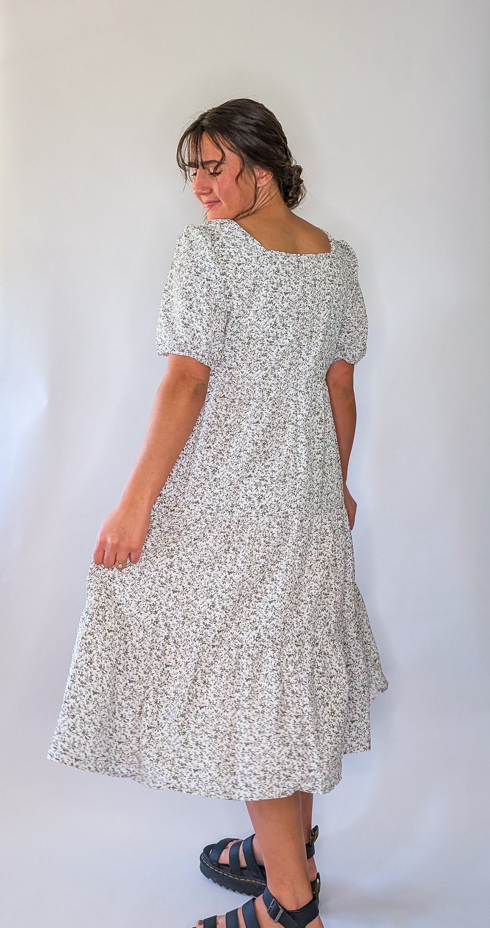 'Vivian' Square Neck Midi Dress in Ivory