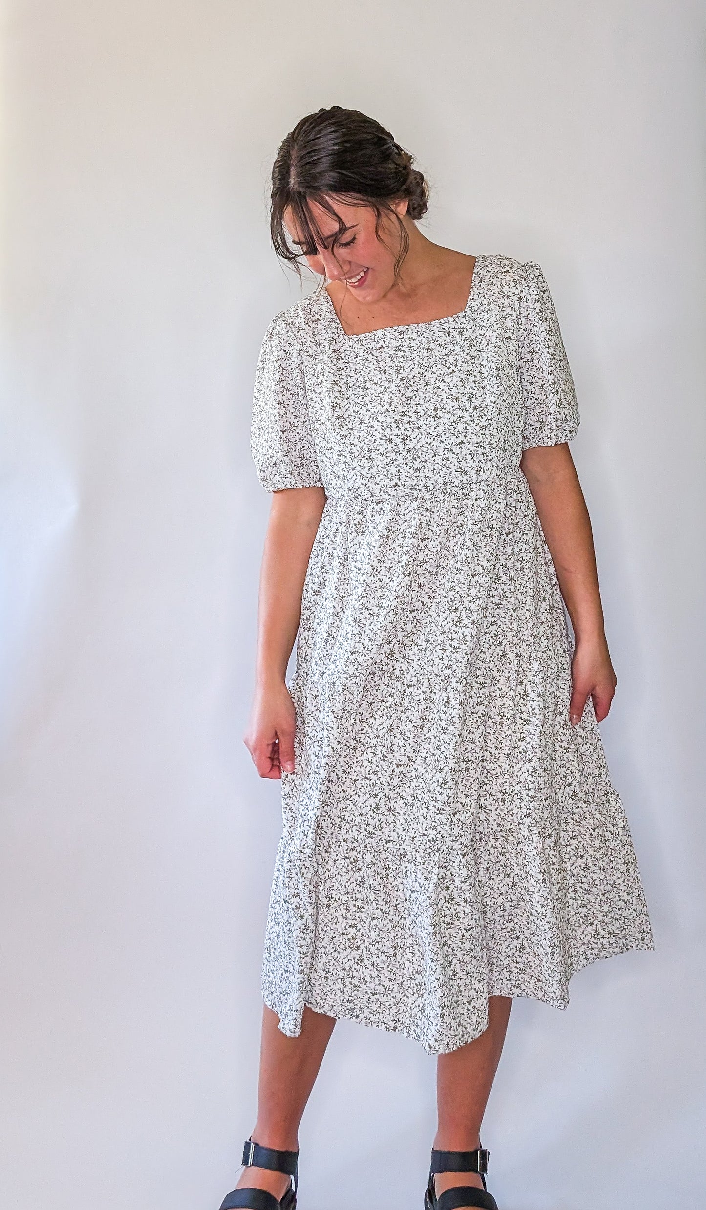 'Vivian' Square Neck Midi Dress in Ivory