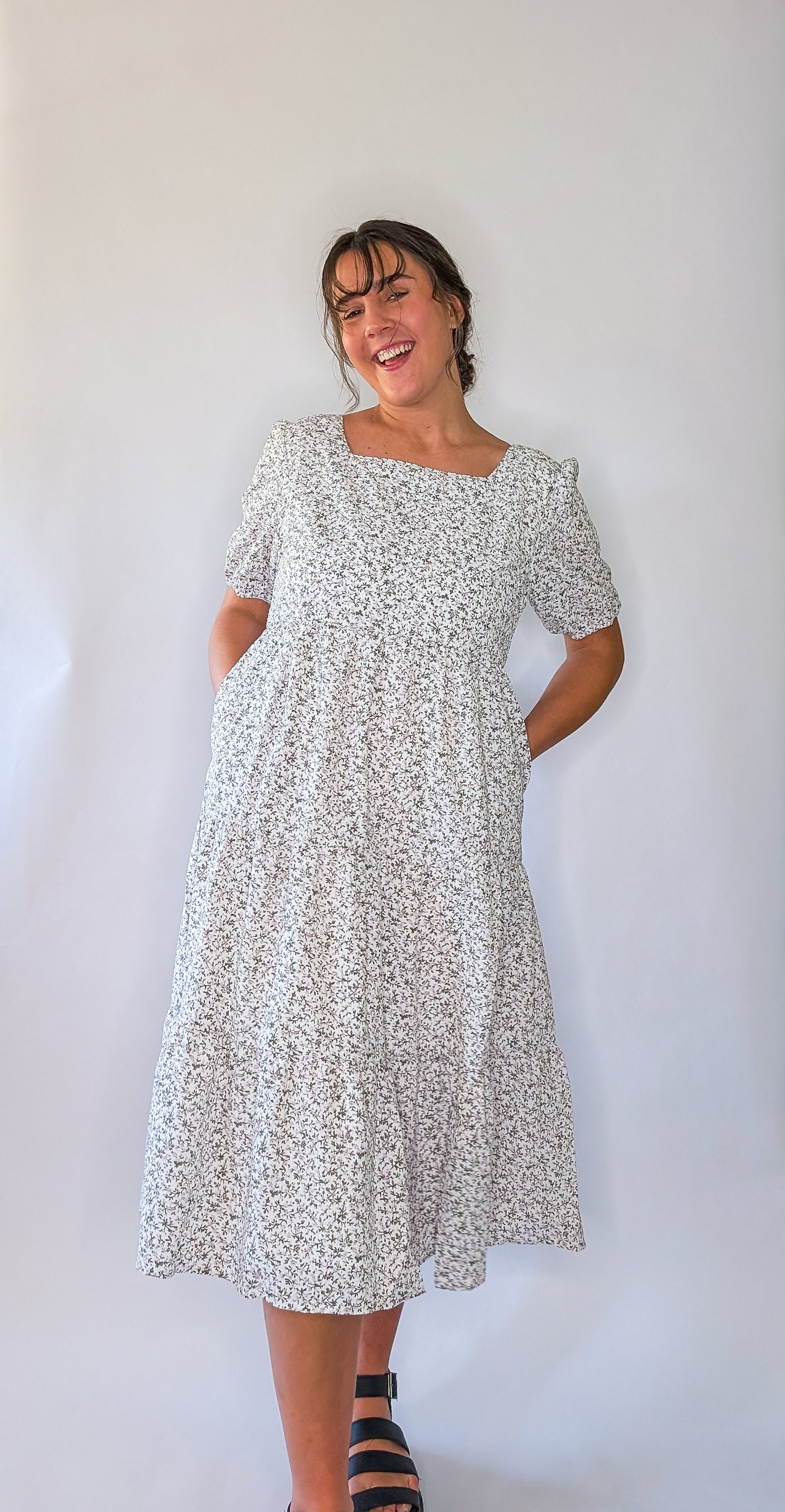 'Vivian' Square Neck Midi Dress in Ivory