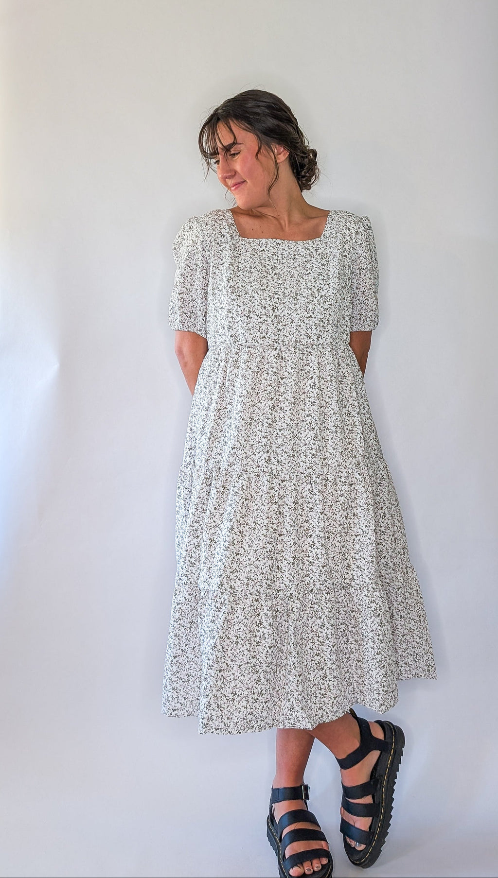 'Vivian' Square Neck Midi Dress in Ivory