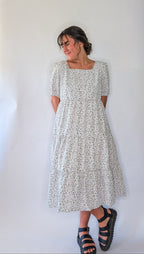 'Vivian' Square Neck Midi Dress in Ivory